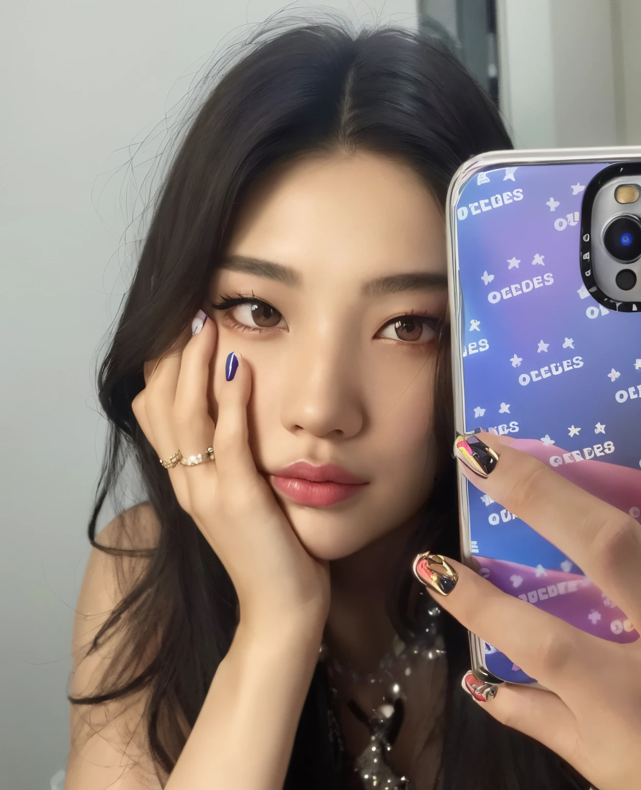 Arafed woman holding a cell phone with a purple and blue design., Jinyoung Shin, Blackpink Jennie, ulzzang, maquillaje popular de Corea del Sur, Jaeyeon Nam, Wan adorable cara coreana, Bae Suzy, maquillaje coreano popular, Xision Wu, Parque Roseanne de Blackpink, 8k selfie photograph, she is holding a smartphone, SSAO 8 K