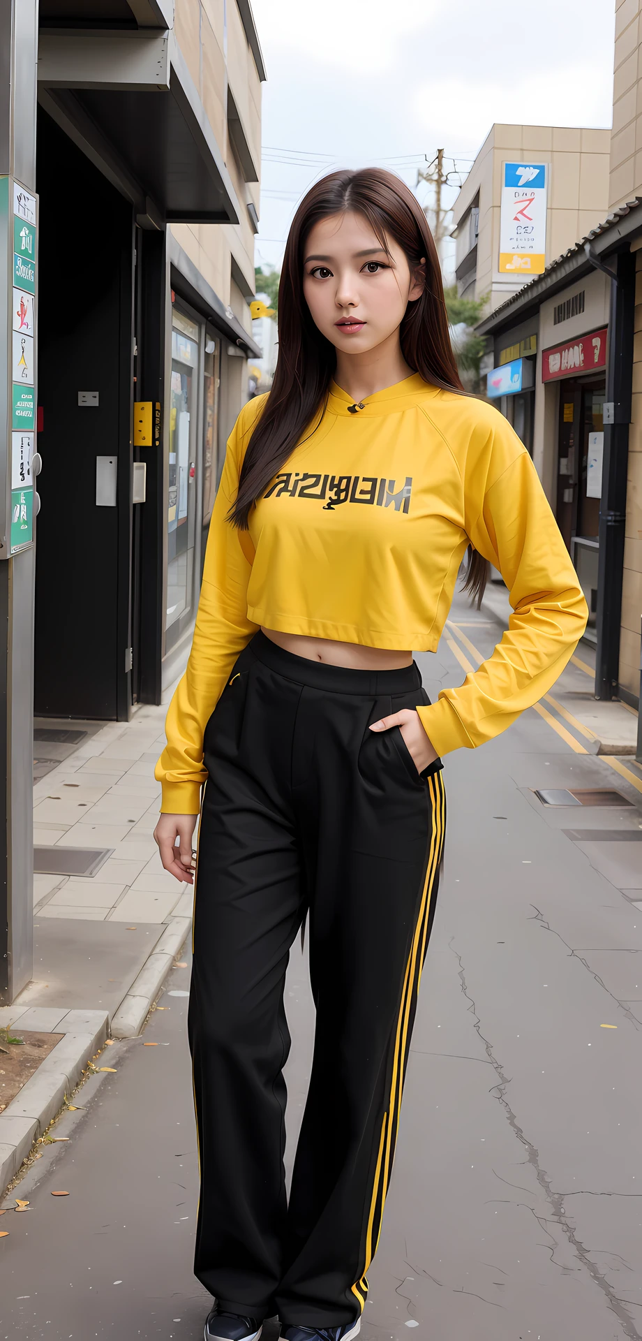 Arab Asian woman wearing yellow top and black pants on the street, けもの, Young Pretty Gravure Idol, Young Gravure Idol, Sateen!!, sakimichan, Young skinny gravure idol, Young Sensual Gravure Idol, Realistic Young Gravure Idol, s girl, sophisticated gravure idol, Sateen!