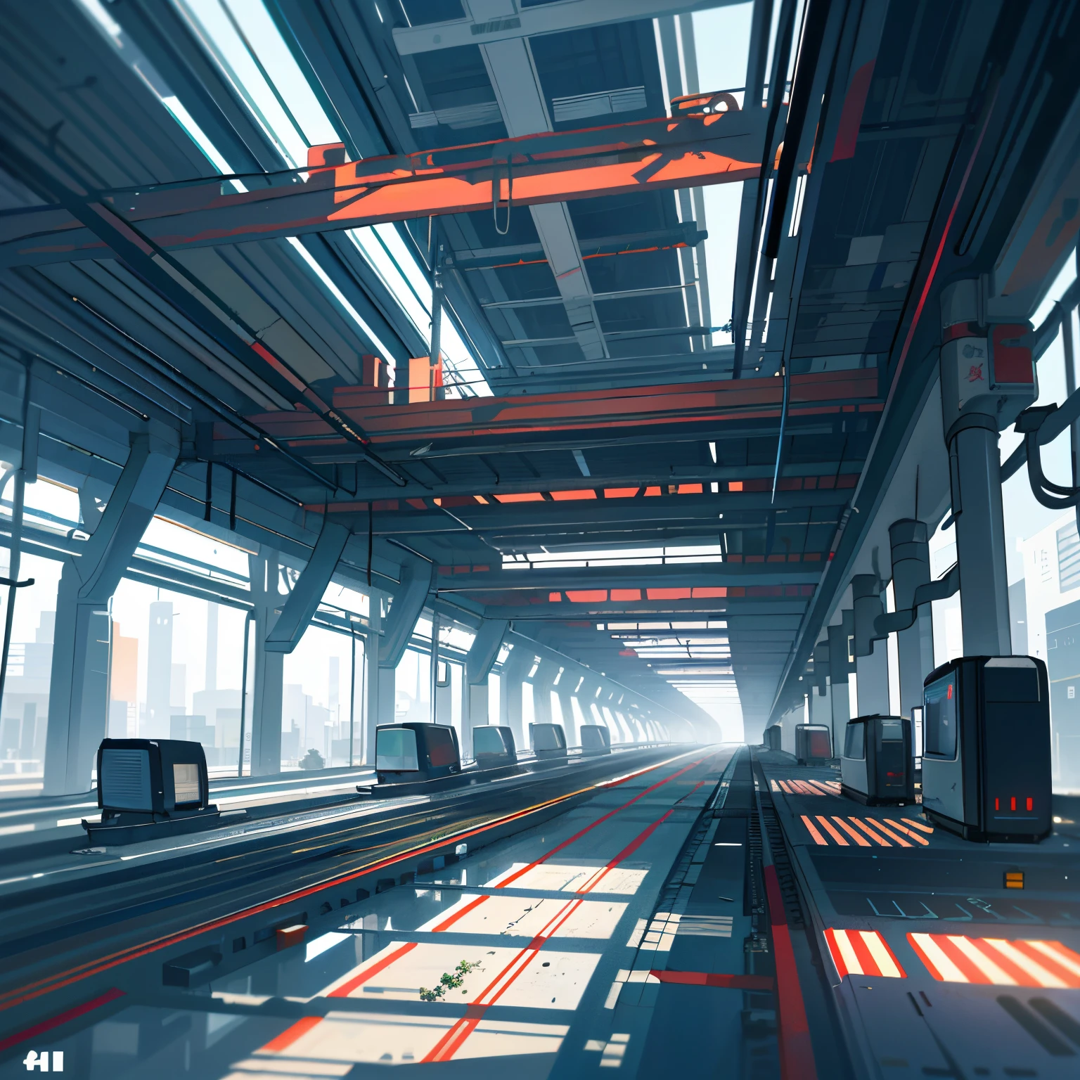 (cybernetic internet landscape), (Zen, Amy Sol Style), (underground, abandoned computer factory, wetware factory, cybernetic internet interface, Fractal OS, pedestrian bridge, elevated train, cables, duct, Power lines, construction tower, tunnel), Cover art with light abstraction, Abstract, Simple vector art, Contemporary cybernetic art, Color gradient, Soft color palette, Layered Forms, Whimsical animation, Style Ether Abstraction, 4K, --v6