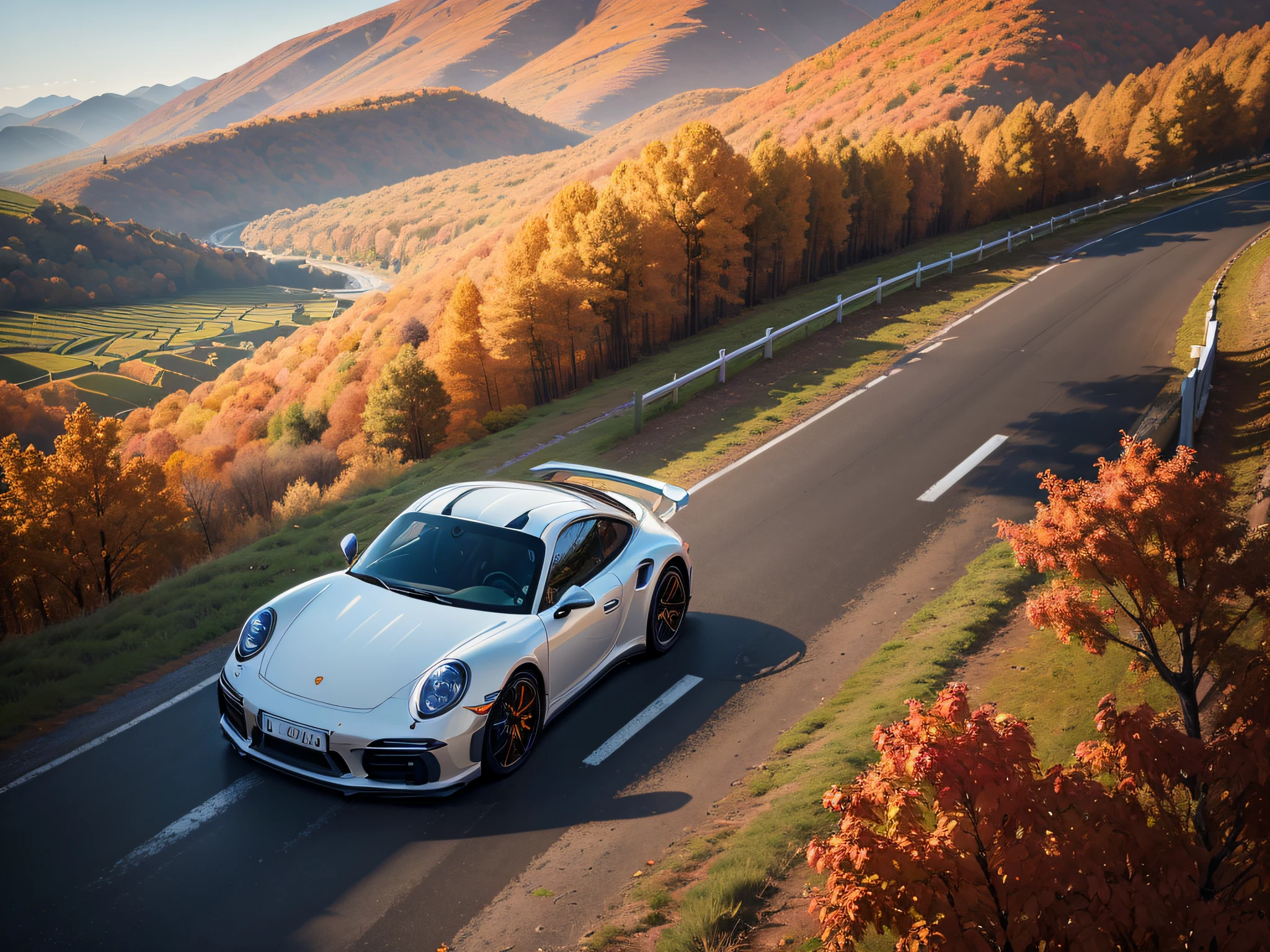 超A high resolution、An ultra-high picture quality、8K、Detailed details、marvelous expression、Late autumn valley、Beautiful autumn leaves、A black car runs gracefully on a mountain pass road、((Porsche 911GT Hybrid))