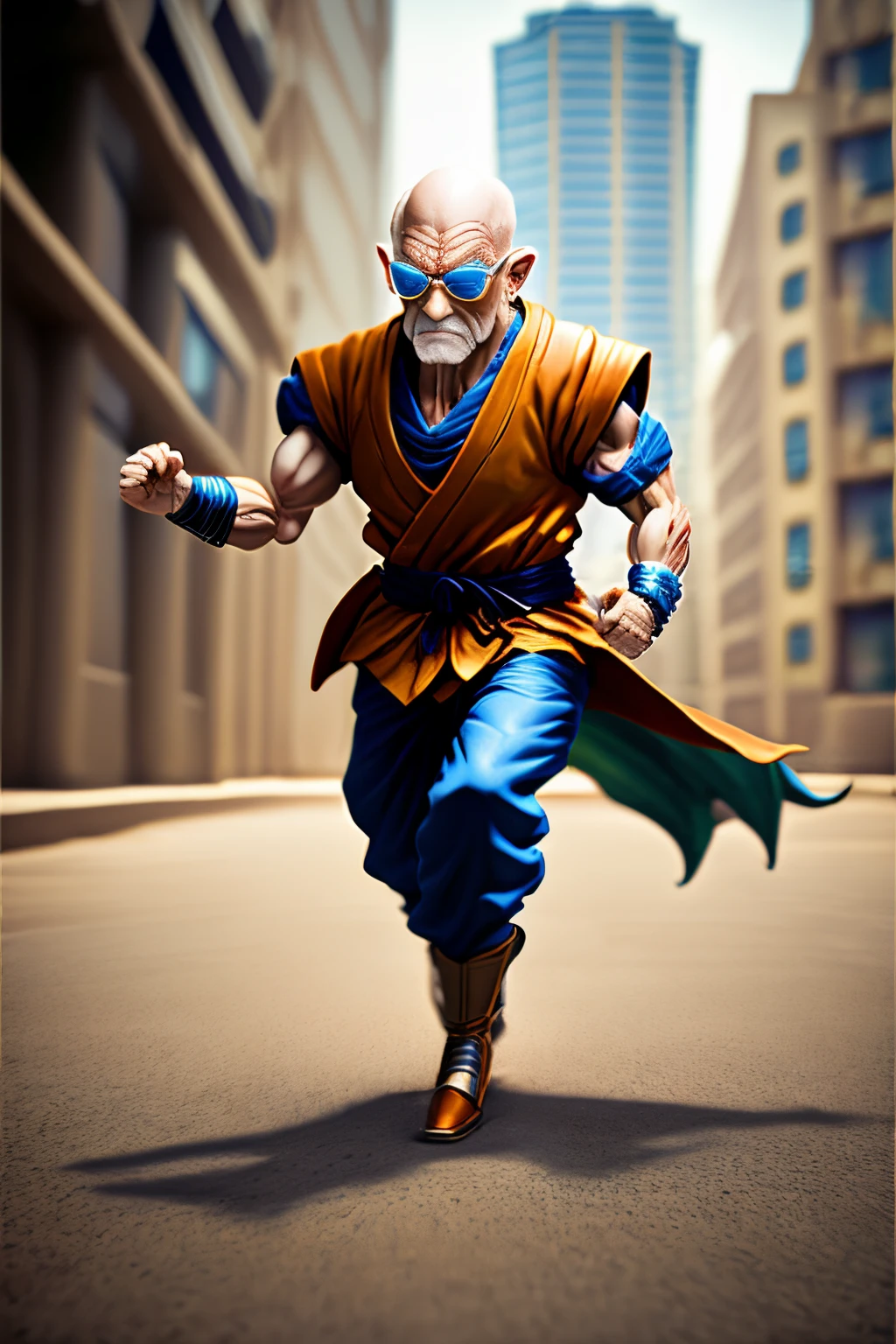 photo, full body shot, hyper realistic, phot0realistic, Master Roshi of Dragon Ball, action pose --ar 19:6 --auto