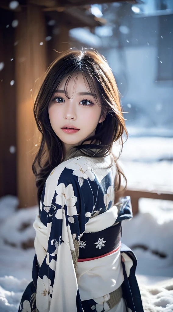(Kimono)、、(top-quality,​masterpiece:1.3,超A high resolution,),(ultra-detailliert,Caustics),(Photorealsitic:1.4,RAW shooting,)Ultra-realistic capture,A highly detailed,high-definition16Kfor human skin、 Skin texture is natural、、The skin looks healthy with an even tone、 Use natural light and color,One Woman,japanes,,kawaii,A dark-haired,Middle hair,(depth of fields、chromatic abberation、、Wide range of lighting、Natural Shading、)、、(Falling snow:1.2)、(Hair swaying in the wind:1.2)、(Snow reflects light:1.2)、back lighting