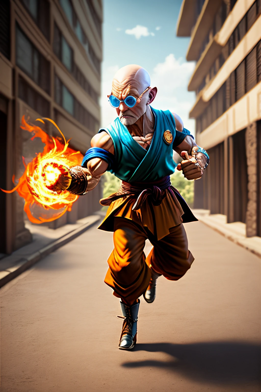 photo, full body shot, hyper realistic, phot0realistic, Master Roshi of Dragon Ball, action pose --ar 19:6 --auto