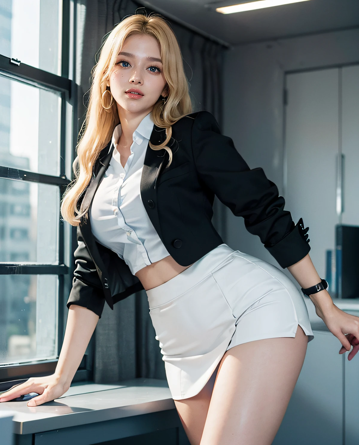 1girl, (Blue eyes), (Smile), (Sana Minatozaki), wide hips, Big Boobs, big ass, round butt, (Best Quality, 8k, Masterpiece: 1.3), perfect hands, Clear Focus: 1.2, Perfect Body Beauty: 1.4 , Slender Abs: 1.2, Highly detailed face and skin texture, detailed eyes, double eyelids, (blonde long hair), (black formal mini skirt, white secretary shirt and black blazer :1.3), (sexy secretary :1.3), standing, dynamic pose, in an office, windows in the background