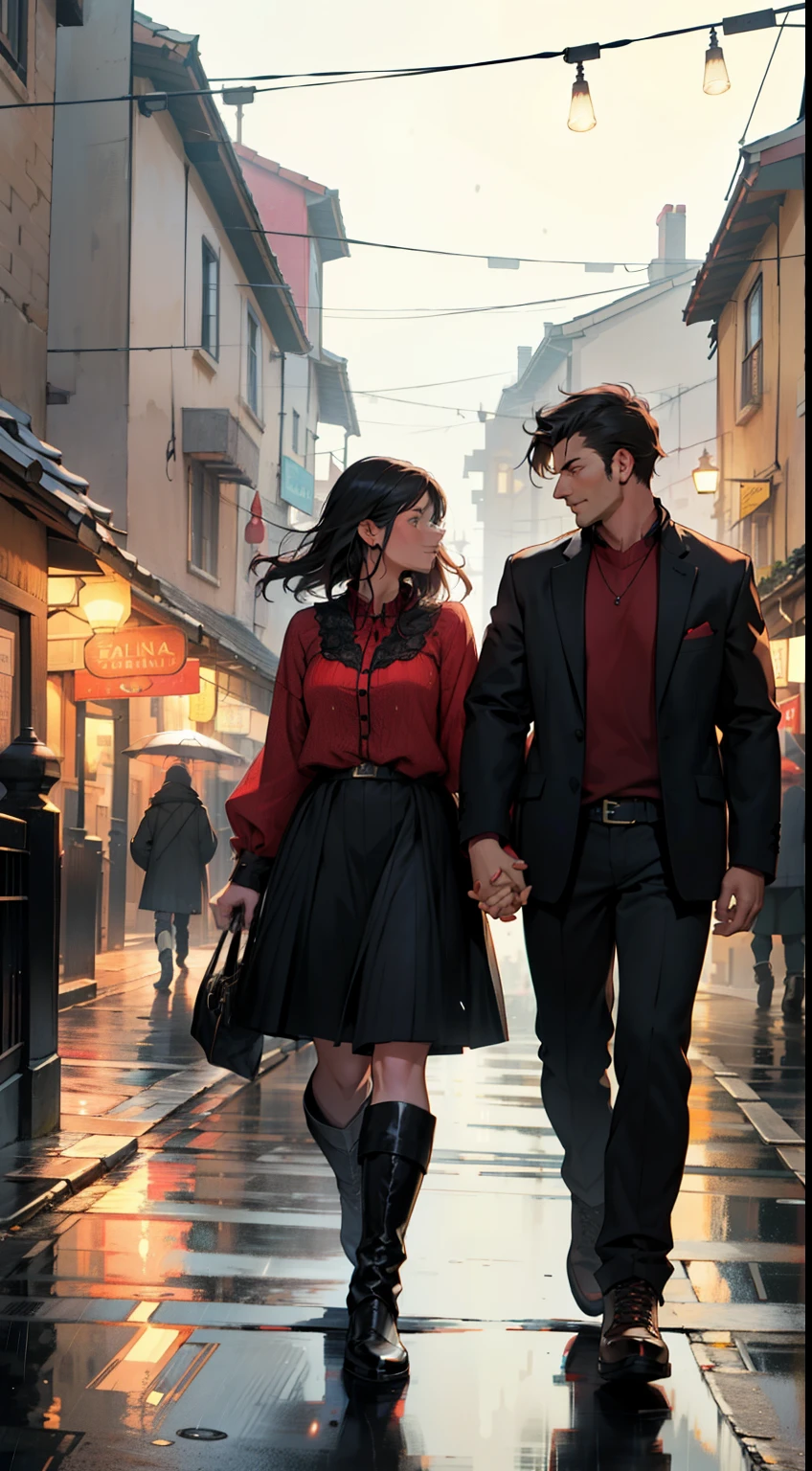 A good looking man and woman are walking hand in hand on a village street in modern European city.  There is a village store in the background . He is dressed in a casual clothes and she is in blouse and skirt and high boots. It is raining.  Mainly black and red colors in the image. It is a older setting about dark psychology and manipulation. There are many hearts in the image. It is a dark fantasy setting