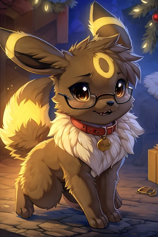 [by Hioshiru],furry, Feral, Pokemon, eevee and umbreon, Long fluffy hair, glasses, eevee with brunette fur,umbreon with black fur, glasses, Hazel eyes, embarrassed, average breasts, canine paws, paws for hands, short height, shortstack, crawling, heavy, collar, walkies, perk,wearing christmas hats,christmas lights in the back ground