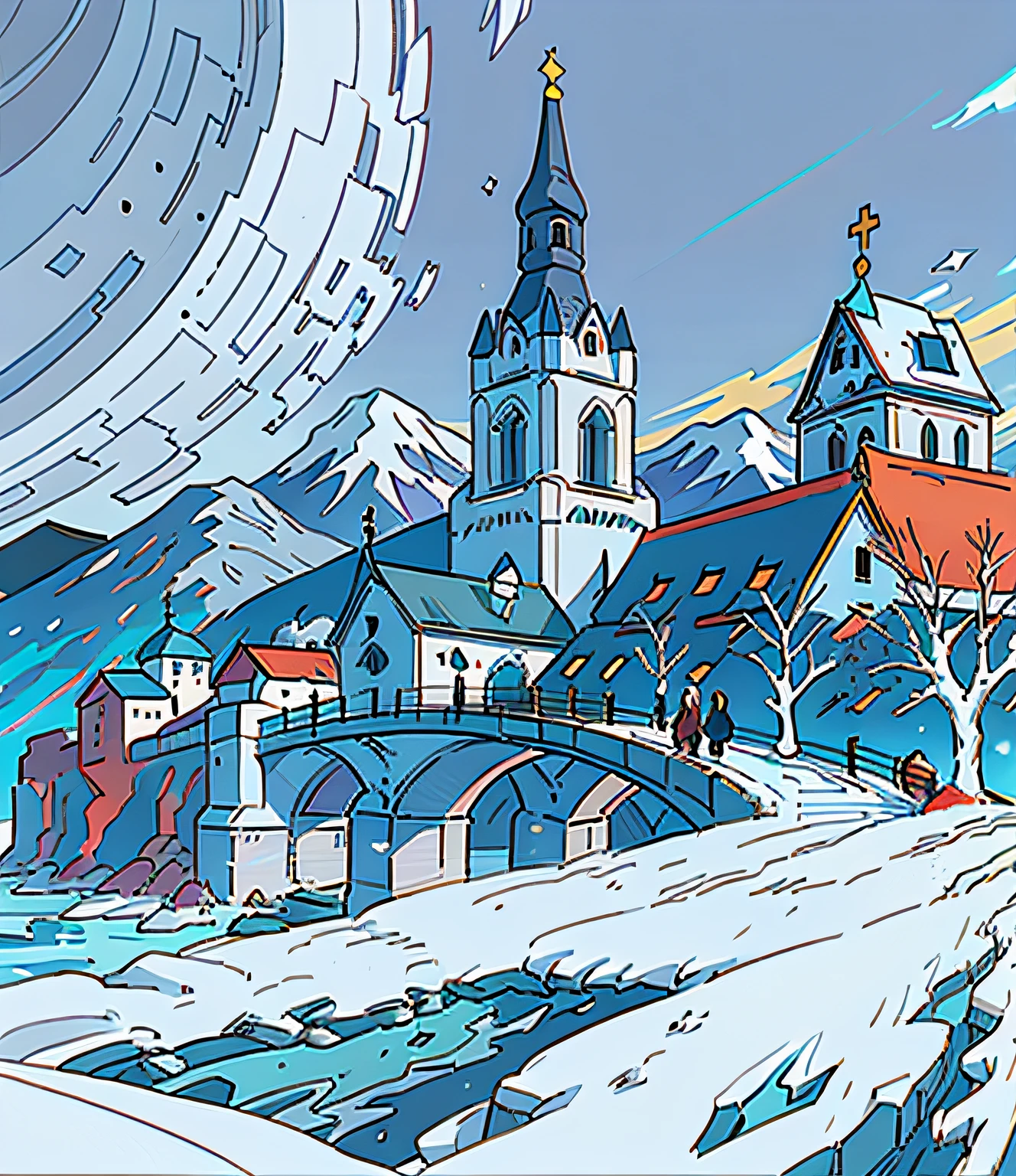 Snowy mountain landscape with church and bridge, best adobe stock, illustratio!, church painting, Inspired by Slava Lashkaj, Stylized digital illustration, Digital illustration style, gouache matte painting, author：Armin Baumgarten, Inspired by Matthias Storm, winter painting, Simple and clean illustration, author：Carl Gerstner, Inspired by Adolf Holzel