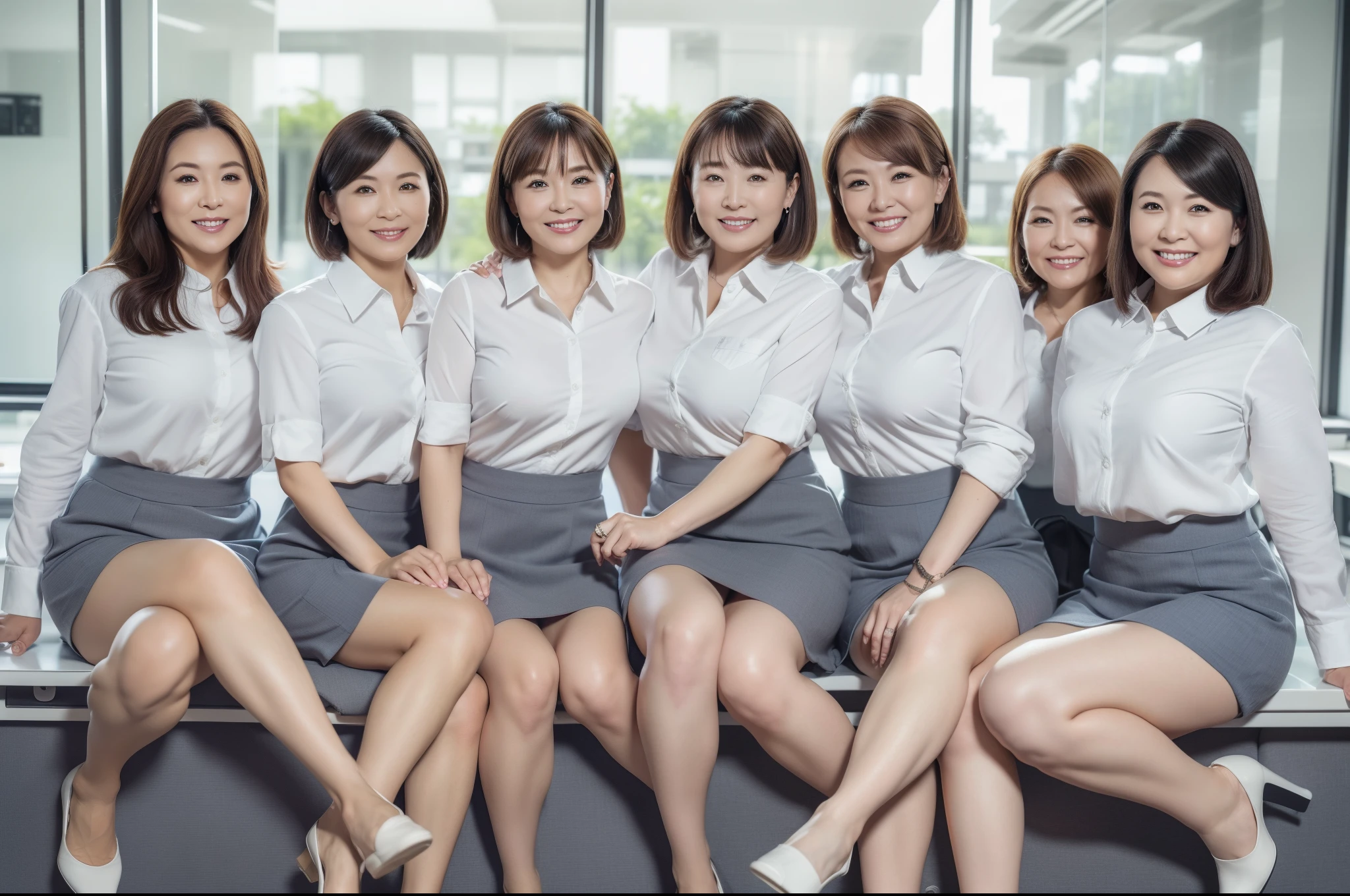 ((Best Quality, 8k, Masterpiecedetails, ultra-high resolution)), (group picture), (looking at the viewer), (fmiddle shot:), attractive business 5 milfs, 5 people, a bit chubby:0.25, white collared shirt, grey skirt, (sitting with cross legs on office desks)), smile, office of CEO,