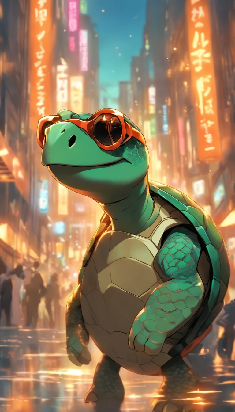 (a cool anthropomorphic turtle:1.1,italian gangster in a sharp business suit),(best quality,4k,8k,highres,masterpiece:1.2),ultra-detailed,(realistic,photorealistic,photo-realistic:1.37),oil painting,crisp details,rich textures,detailed background,vibrant colors,expressive eyes,enigmatic smile,confident posture,cool sunglasses,expensive-looking watch,deep shadows,subtle lighting,hints of gold and silver,naturalistic landscapes,long shadows,stylish fedora,celestial blue and emerald green color palette,meticulous brushstrokes,impeccable tailoring,brooding atmosphere,mysterious patterns on the turtle's shell,high contrast,impressive attention to detail,subtle reflections,tribal tattoo on the arm,the turtle is holding a violin made of shell,urban cityscape with towering buildings,atmospheric perspective,city lights illuminating the surroundings,attractive composition,strong sense of depth,feathery strokes for foliage,texture of the turtle's skin is visible,strategically placed highlights,energetic brushwork,intricate patterns on the suit buttons,imposing presence of the turtle,hand gestures conveying authority and power,impressive background architecture,reflections on the sunglasses,portraying a blend of confidence and mystery.