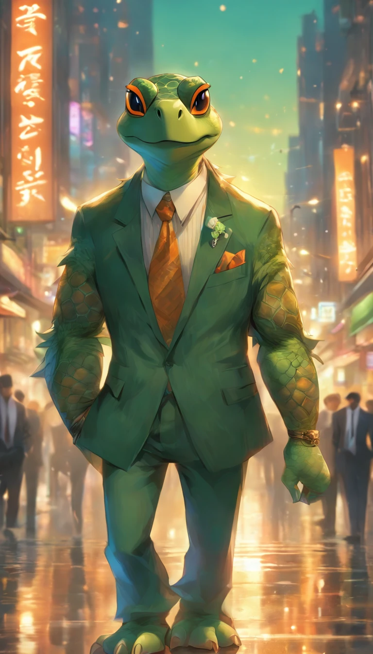 (a cool anthropomorphic turtle:1.1,italian gangster in a sharp business suit),(best quality,4k,8k,highres,masterpiece:1.2),ultra-detailed,(realistic,photorealistic,photo-realistic:1.37),oil painting,crisp details,rich textures,detailed background,vibrant colors,expressive eyes,enigmatic smile,confident posture,cool sunglasses,expensive-looking watch,deep shadows,subtle lighting,hints of gold and silver,naturalistic landscapes,long shadows,stylish fedora,celestial blue and emerald green color palette,meticulous brushstrokes,impeccable tailoring,brooding atmosphere,mysterious patterns on the turtle's shell,high contrast,impressive attention to detail,subtle reflections,tribal tattoo on the arm,the turtle is holding a violin made of shell,urban cityscape with towering buildings,atmospheric perspective,city lights illuminating the surroundings,attractive composition,strong sense of depth,feathery strokes for foliage,texture of the turtle's skin is visible,strategically placed highlights,energetic brushwork,intricate patterns on the suit buttons,imposing presence of the turtle,hand gestures conveying authority and power,impressive background architecture,reflections on the sunglasses,portraying a blend of confidence and mystery.