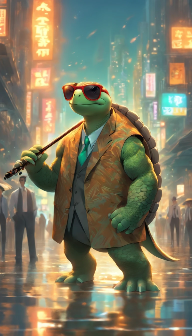 (a cool anthropomorphic turtle:1.1,italian gangster in a sharp business suit),(best quality,4k,8k,highres,masterpiece:1.2),ultra-detailed,(realistic,photorealistic,photo-realistic:1.37),oil painting,crisp details,rich textures,detailed background,vibrant colors,expressive eyes,enigmatic smile,confident posture,cool sunglasses,expensive-looking watch,deep shadows,subtle lighting,hints of gold and silver,naturalistic landscapes,long shadows,stylish fedora,celestial blue and emerald green color palette,meticulous brushstrokes,impeccable tailoring,brooding atmosphere,mysterious patterns on the turtle's shell,high contrast,impressive attention to detail,subtle reflections,tribal tattoo on the arm,the turtle is holding a violin made of shell,urban cityscape with towering buildings,atmospheric perspective,city lights illuminating the surroundings,attractive composition,strong sense of depth,feathery strokes for foliage,texture of the turtle's skin is visible,strategically placed highlights,energetic brushwork,intricate patterns on the suit buttons,imposing presence of the turtle,hand gestures conveying authority and power,impressive background architecture,reflections on the sunglasses,portraying a blend of confidence and mystery.