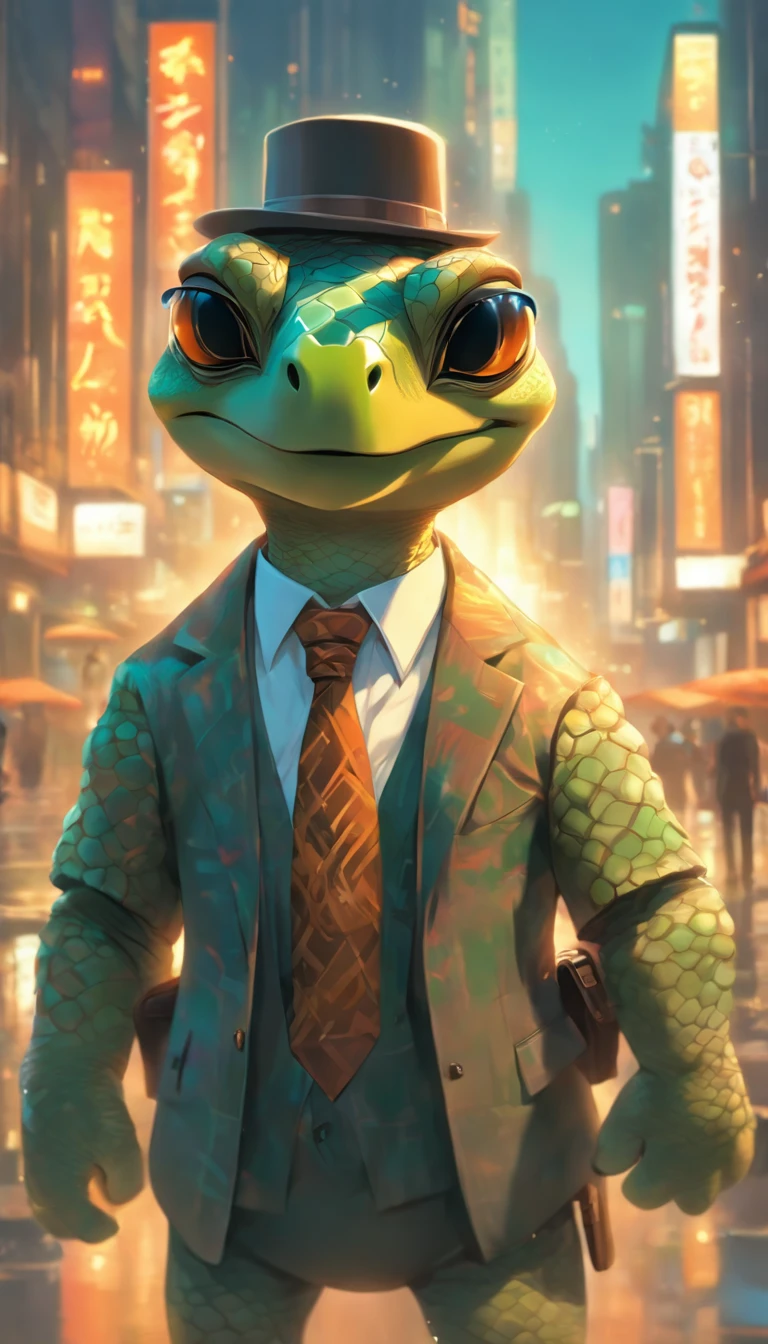 (a cool anthropomorphic turtle:1.1,italian gangster in a sharp business suit),(best quality,4k,8k,highres,masterpiece:1.2),ultra-detailed,(realistic,photorealistic,photo-realistic:1.37),oil painting,crisp details,rich textures,detailed background,vibrant colors,expressive eyes,enigmatic smile,confident posture,cool sunglasses,expensive-looking watch,deep shadows,subtle lighting,hints of gold and silver,naturalistic landscapes,long shadows,stylish fedora,celestial blue and emerald green color palette,meticulous brushstrokes,impeccable tailoring,brooding atmosphere,mysterious patterns on the turtle's shell,high contrast,impressive attention to detail,subtle reflections,tribal tattoo on the arm,the turtle is holding a violin made of shell,urban cityscape with towering buildings,atmospheric perspective,city lights illuminating the surroundings,attractive composition,strong sense of depth,feathery strokes for foliage,texture of the turtle's skin is visible,strategically placed highlights,energetic brushwork,intricate patterns on the suit buttons,imposing presence of the turtle,hand gestures conveying authority and power,impressive background architecture,reflections on the sunglasses,portraying a blend of confidence and mystery.