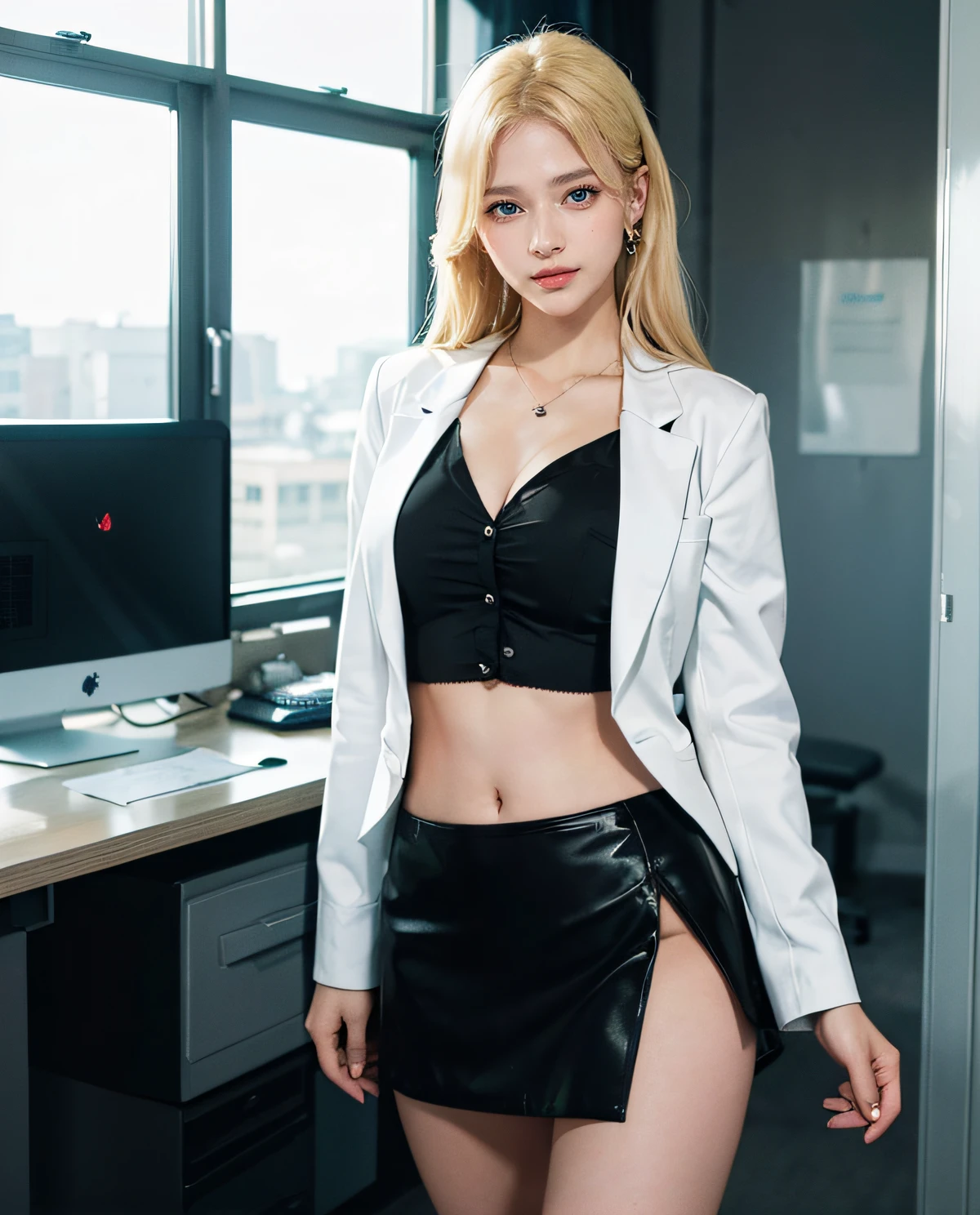 1girl, (Blue Eyes), (smiling :1.2), (Sana Minatozaki), (beautiful makeup :1.2), wide hips, (big tits :1.1), (big ass), (thin waist), (thick thighs), (toned legs), (Best Quality, 8k, Masterpiece: 1.3), Clear Focus: 1.2, Perfect Body Beauty: 1.4, (strong abs), Highly detailed face and skin texture, detailed eyes, double eyelids, (shiny skin :1.2), (long blonde straight hair :1.2), (white open doctor's coat :1.4), (red lace underwear :1.1), high stocking, black skirt, standing, dynamic pose, in a Japanese classroom, blackboard in the background, Japanese school