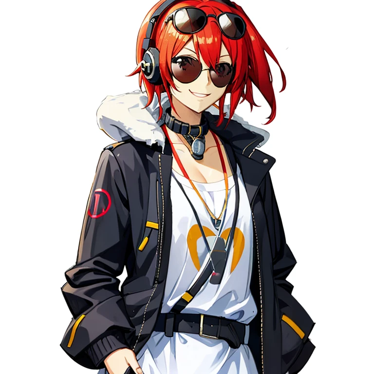 wearing sunglasses, looking cheerful, anime style, the headset is placed around the neck