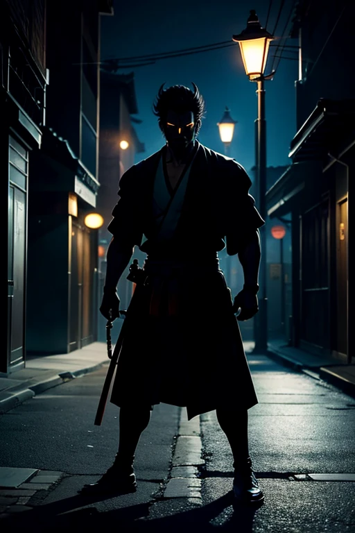 Man in the dark, under the illumination of a streetlamp, his shadow transforming into that of a powerful and enigmatic samurai.