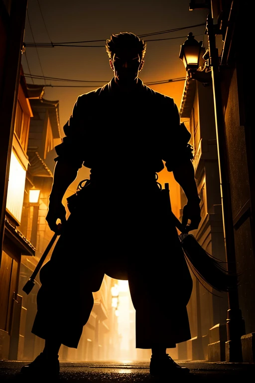 Man in the dark, under the illumination of a streetlamp, his shadow transforming into that of a powerful and enigmatic samurai.