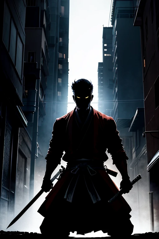 Man in the dark, under the illumination of a streetlamp, his shadow transforming into that of a powerful and enigmatic samurai.