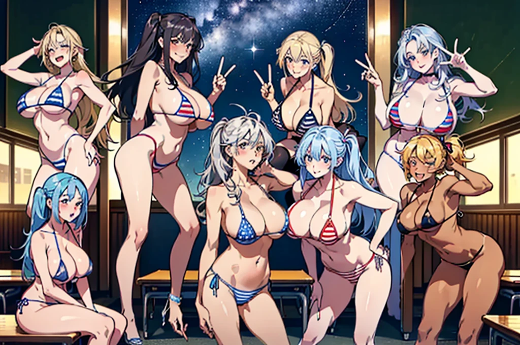 (masterpiece), maximum quality, (Colorful:1.1), (5 girls, group shot:1.4), (slim body:1.1), (huge tits:1.5), (dark skin:1.1), (muscles:1.1), blonde hair, Silver hair, Twin tails, (leaning forward:1.4), (Open your mouth, happy smile:1.1), (winc:1.4),peace sign, (stars and stripes bikini, microbikini:1.1), cowboy Shot, (Classroom:1.1), blackboards