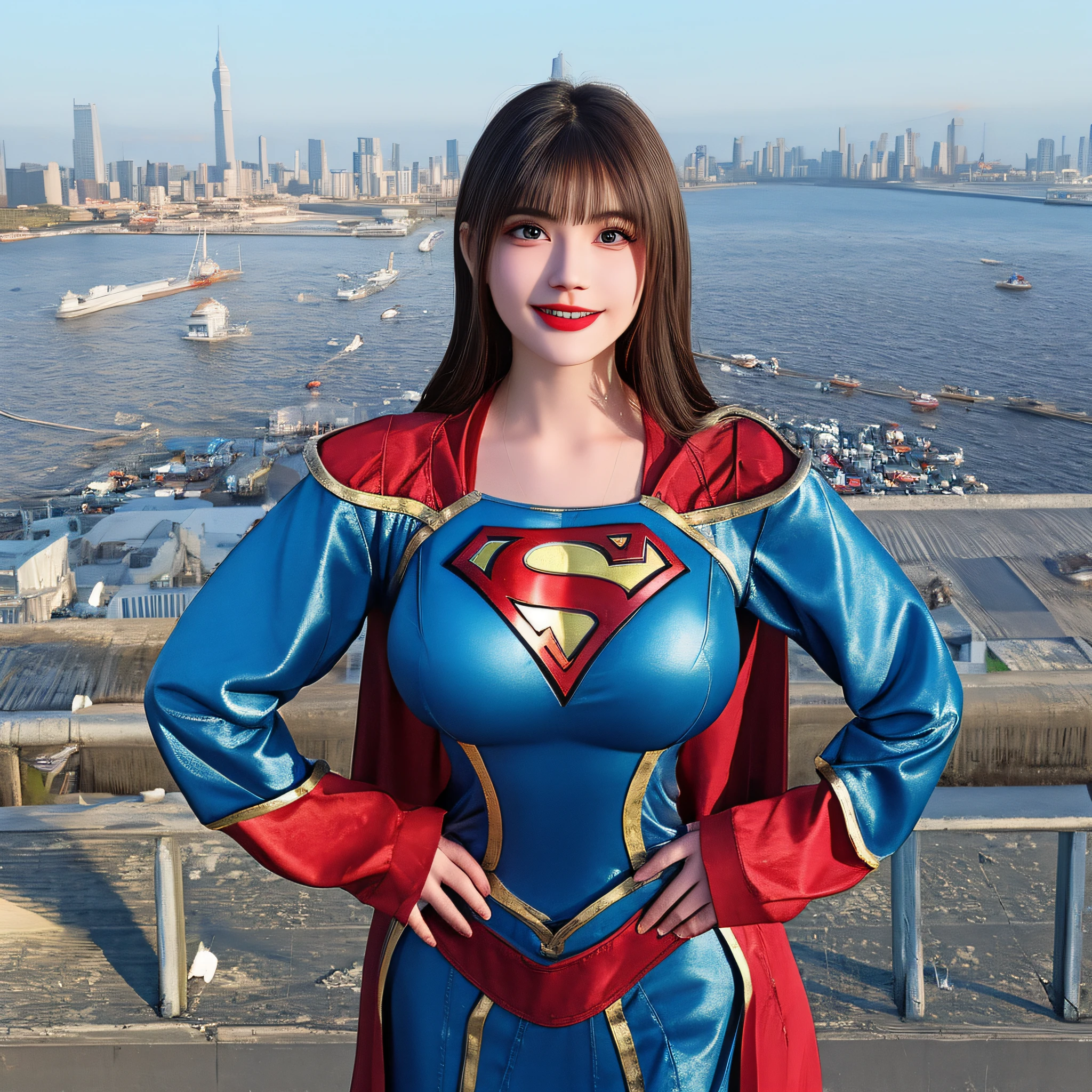 a close up of a asia woman in a superman costume standing on a cityscape, amouranth as a super villain, super photo realistic, realistic cosplay, super photo-realistic, ultra mega super hyper realistic, super-hero girl, super realistic photo, superhero body, highly detailed giantess shot, supergirl, superhero, superhero portrait, super model, super hero, super photorealistic
