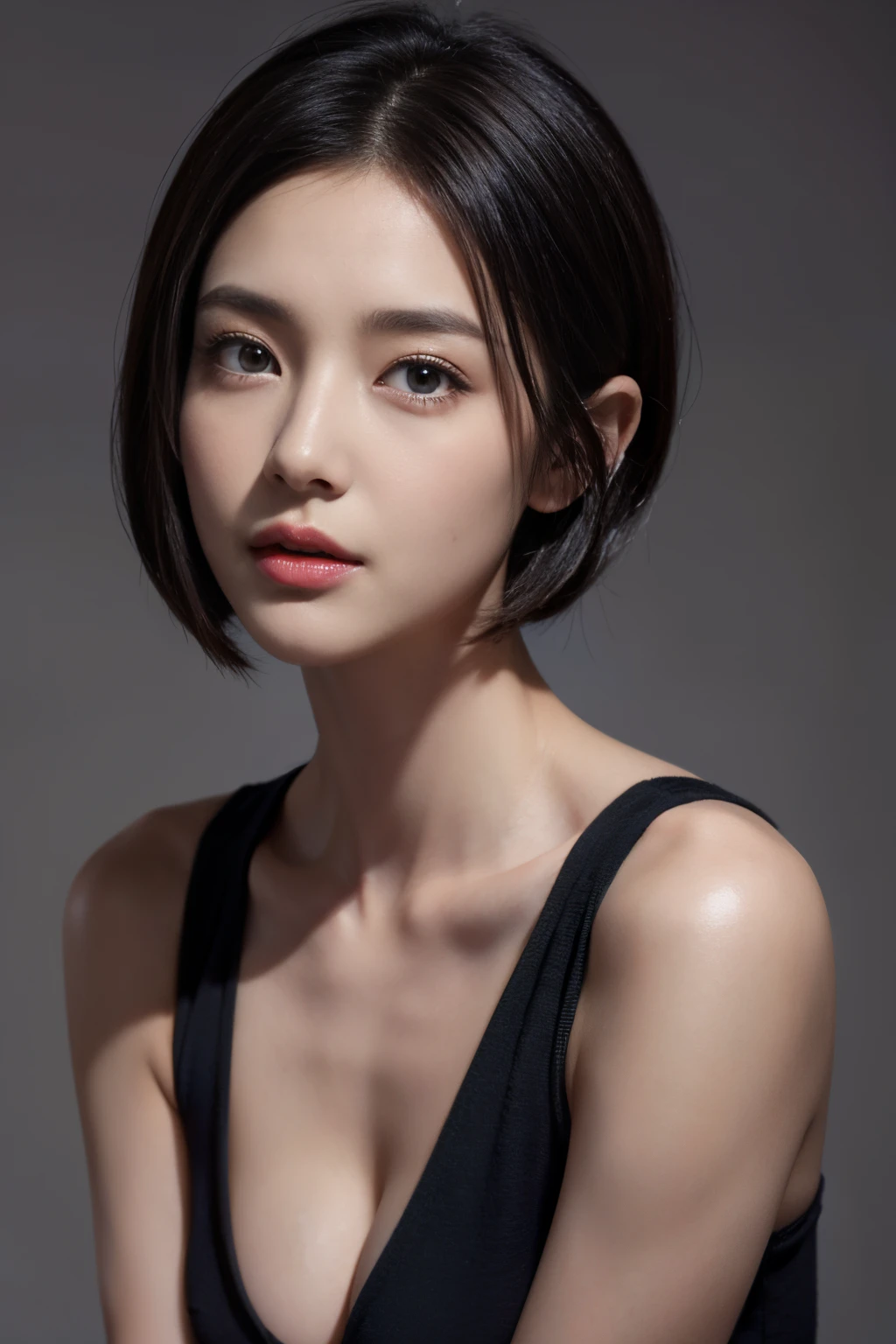 ((Top Quality, 8k, Masterpiece: 1.3)), Crisp Focus: 1.2, Beautiful Women in Perfect Shape: 1.4, Slender Abs: 1.2, ((Layer Cut, Big: 1.2)), (Rainy night, Street: 1.2), Wet Body: 1.5, oily skin, Highly Detailed Face and Skin Texture, Detailed Eyes, Double Eyelids, Very Short Hair, BDSM, , Black Corset, Bondage Suit, choker, restrained, from below, disdain, micro Panty, Dark shadow and neon light
