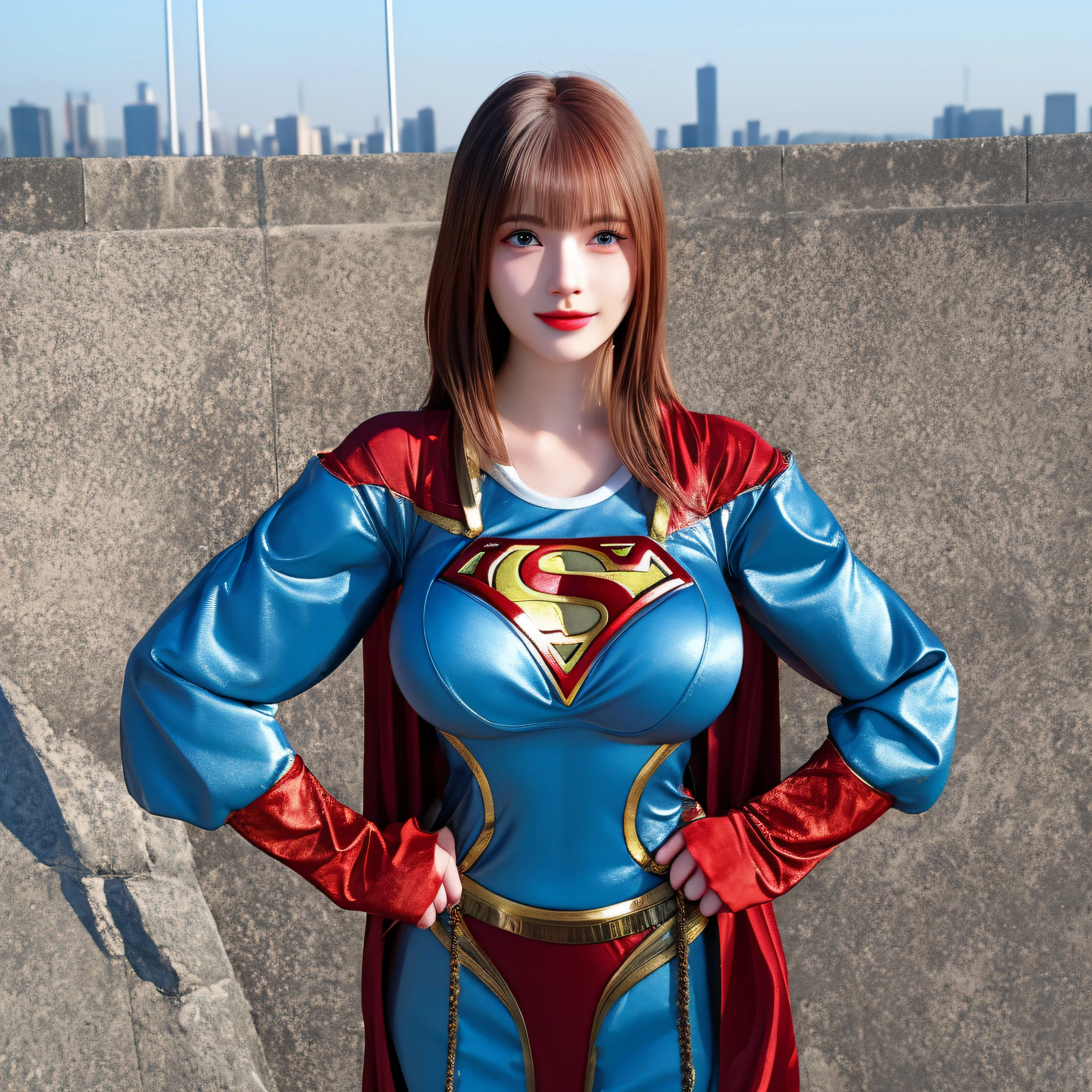 a close up of a asia woman in a superman costume standing on a cityscape, amouranth as a super villain, super photo realistic, realistic cosplay, super photo-realistic, ultra mega super hyper realistic, super-hero girl, super realistic photo, superhero body, highly detailed giantess shot, supergirl, superhero, superhero portrait, super model, super hero, super photorealistic, gigantic breasts, showing Vulvas