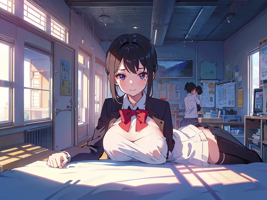 2 dimensions, girl, , small, female student, 校服, Superskirt, People who don't wear underwear, lying on the table, Undress, Small under breasts,There is a mole under the neck,Small bottom, Classroom, ssmile, Stas, Volumetriclighting, rays of sunshine, bright,nipple play