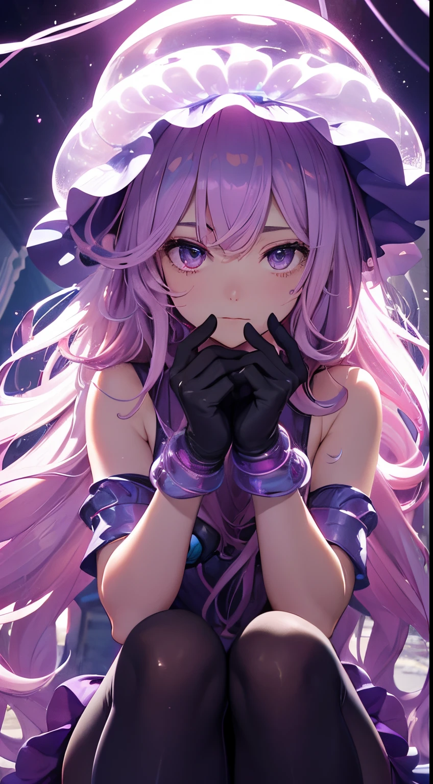 A teenage jellyfish woman, her body has jellyfish characteristics, long wavy light pink hair, dark purple eyes, wears gloves on her hands, armor up to her knees, has a giant jellyfish hat on her head that surrounds her with tentacles, jellyfish girl