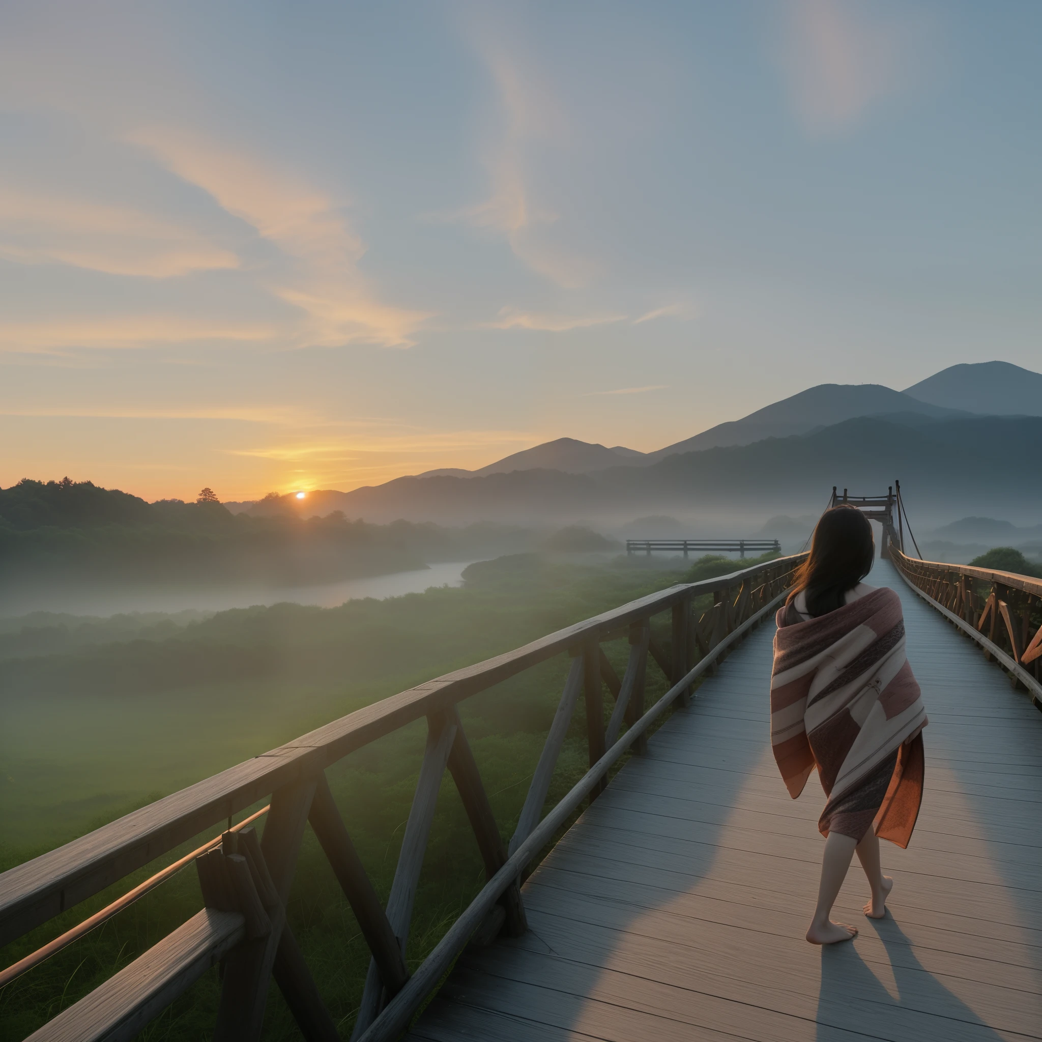 There is a woman walking on the wooden bridge with a blanket, at sunrise, late sunset, at sunrise, Connected to a suspension bridge!!, standing on a bridge, with a sunset, during dawn, Heading towards the sunset, early evening!, Walk on the old wooden bridge, wide angle photo, At sunset, late sunset, countryside in japan