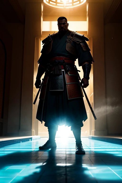 man standing under a pool of light, his own shadow morphing into the imposing figure of a samurai warrior