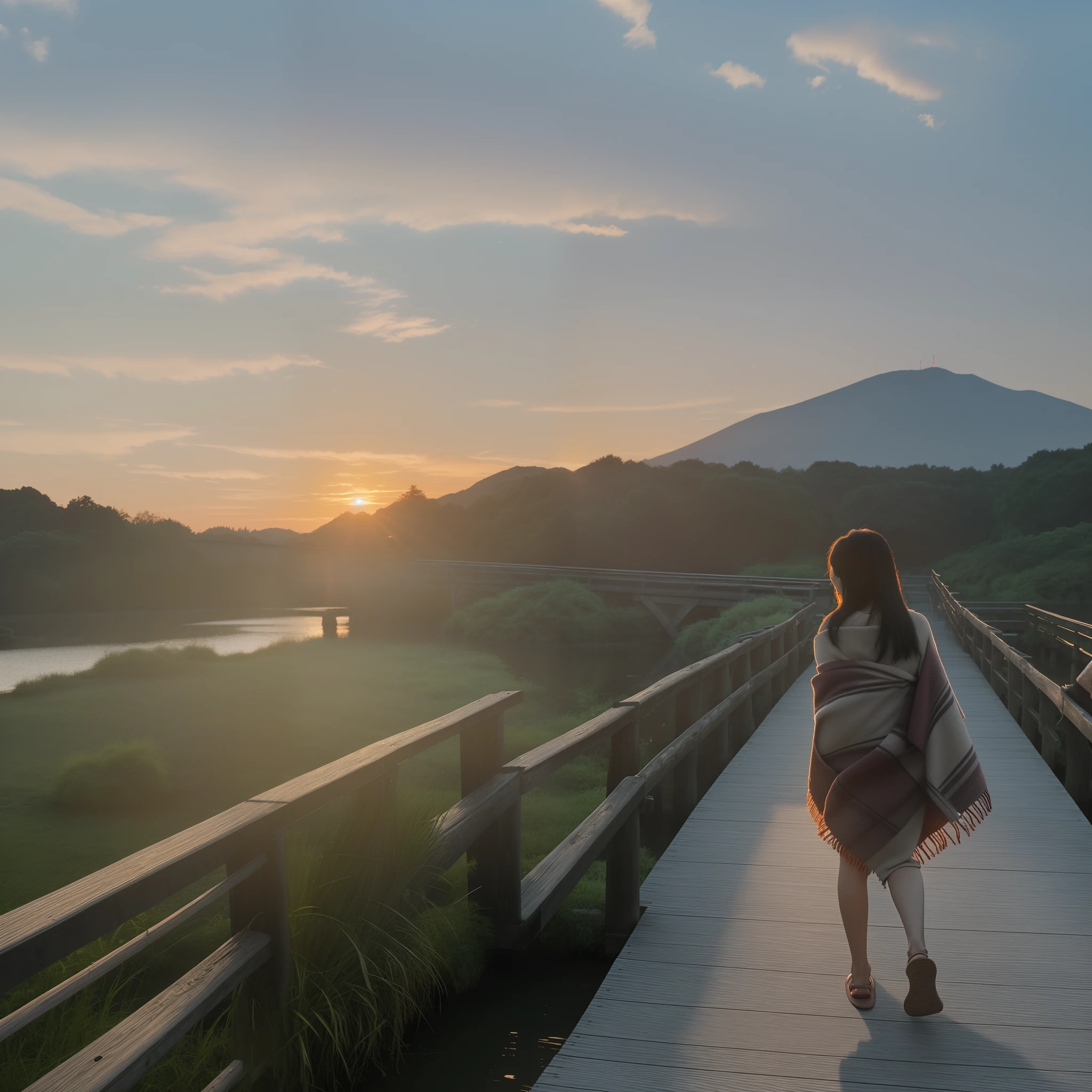 There is a woman walking on the wooden bridge with a blanket, at sunrise, late sunset, at sunrise, Connected to a suspension bridge!!, standing on a bridge, with a sunset, during dawn, Heading towards the sunset, early evening!, Walk on the old wooden bridge, wide angle photo, At sunset, late sunset, countryside in japan