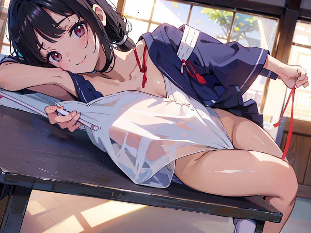 2 dimensions,bit girl, , small, female student, 校服, Superskirt, People who don't wear underwear, lying on the table, Undress, Small under breasts,There is a mole under the neck,Small bottom, Classroom, ssmile, Stas, Volumetriclighting, rays of sunshine, bright,nipple play