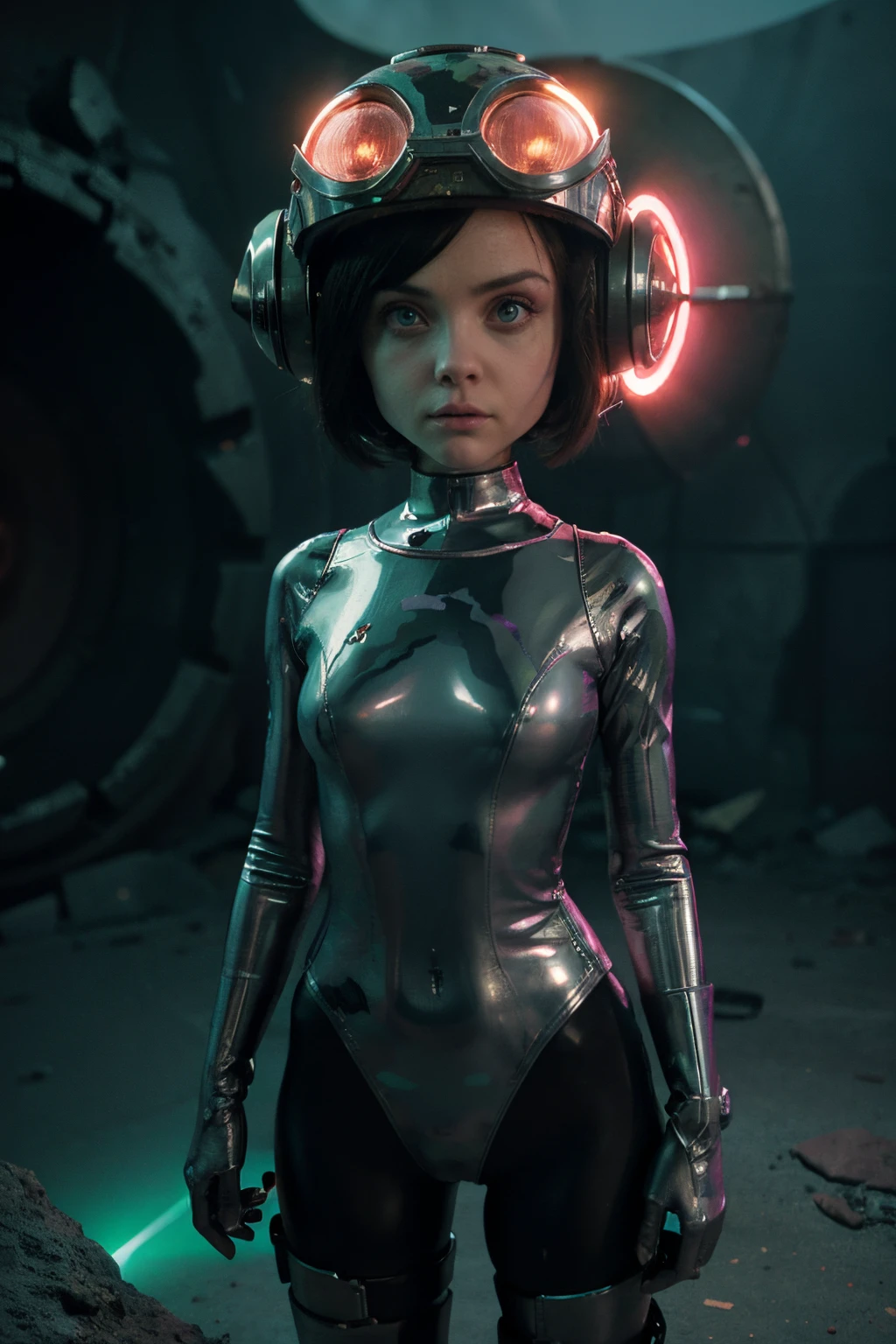 A Modern flat toon Crazy whit a Big ONE a Only Eye Robot and helmet Style, like Christina Ricci in PINK, tongs in hands, Tv head, pinhead, camouflage Pink Light Green Rusty, Ambient in a meteorite crater super detailed, center, beautiful, soft lighting, focused on the character, 4K resolution, photorealistic rendering,