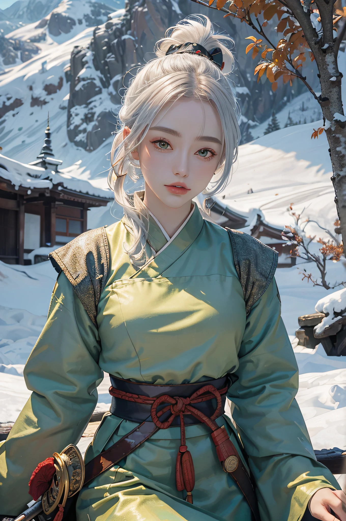 (Japanese samurai during the shogunate:2),Japan antiquity,Red samurai costume,full bodyesbian,katana swords,The badge on Tokugawa Ieyasu's clothes,(Yellow Ginkgo Biloba Forest:1.5),Gentle eyes,snowy night,(tmasterpiece,realisticlying,best qualtiy:1.2),Hair blown by the wind,(Short silver-white hair,Short hair in a ponytail:2),Detailed face and eyes,Delicate and beautiful face, Far Mountain, Tree BREAK making art,Lots of green and orange,Complicated details,Volumetric lighting BREAK(tmasterpiece:1.2),(best qualtiy),4K,ultra - detailed,(dynamic compositions:1.4),detail-rich,plethora of colors,(Irridescent color:1.2),(Atmospheric lighting),dream magical,magical,(独奏:1.2)