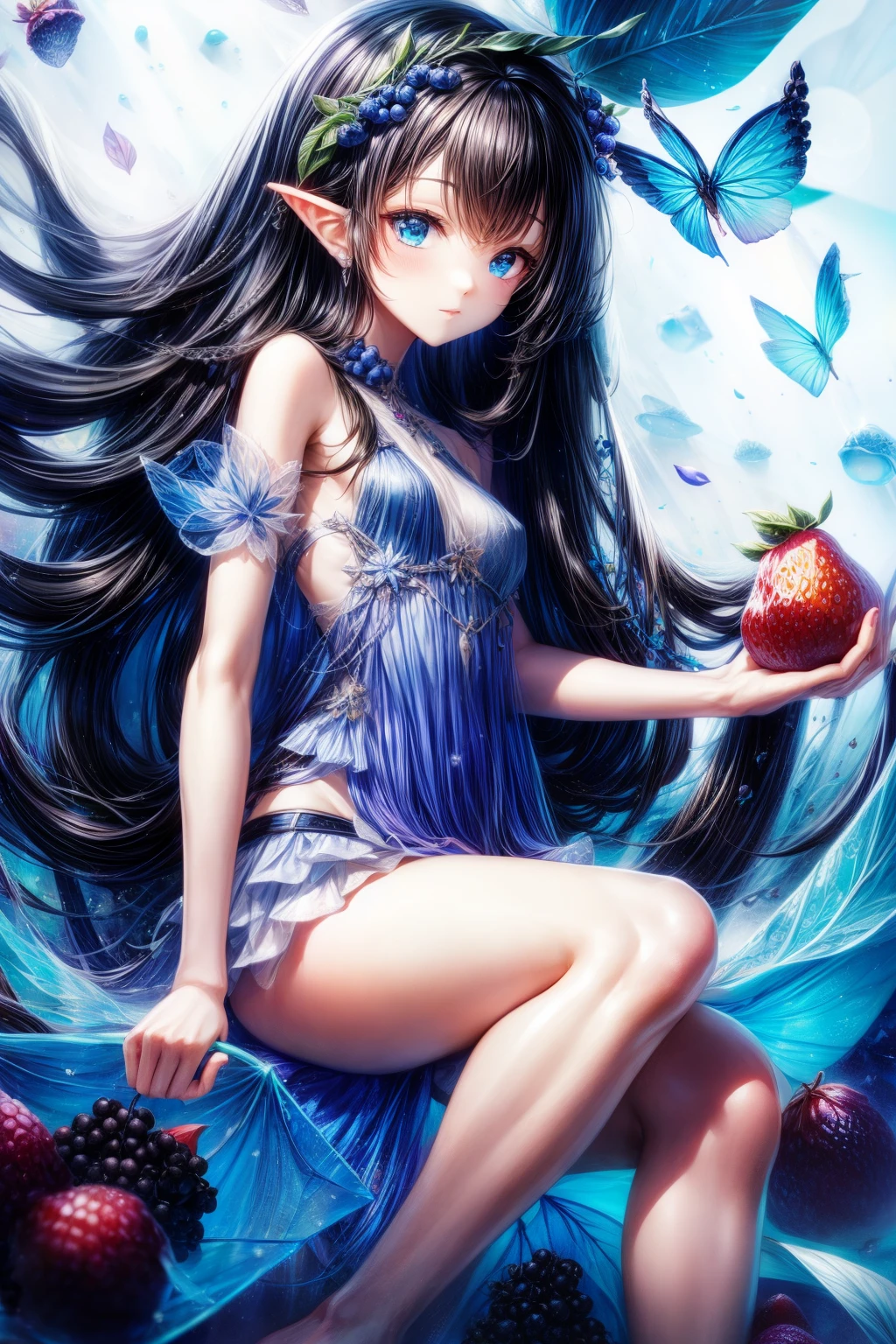 1 Fairy, ((blue berry,those fruits)),white backgrounid, black hair color hair,