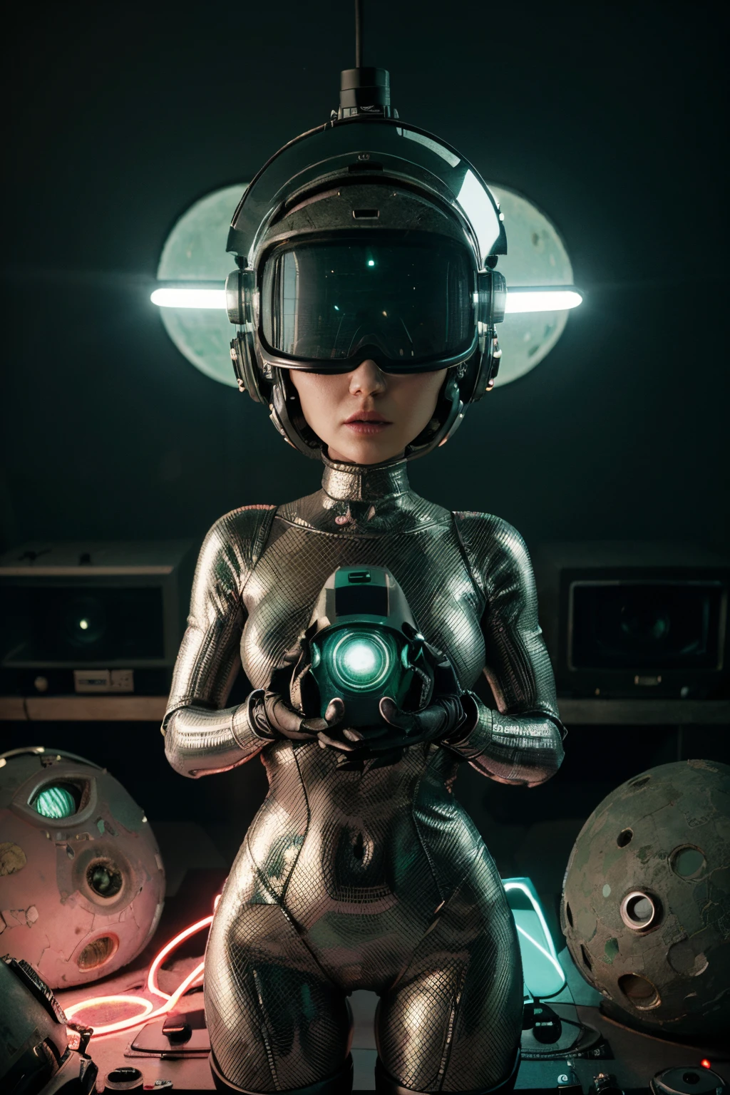 A Modern flat toon Crazy whit a Big ONE a Only Eye Robot and helmet Style, like Madonna, tongs in hands, Tv head, pinhead, camouflage Pink Light Green Rusty, Ambient in a meteorite crater super detailed, center, beautiful, soft lighting, focused on the character, 4K resolution, photorealistic rendering,