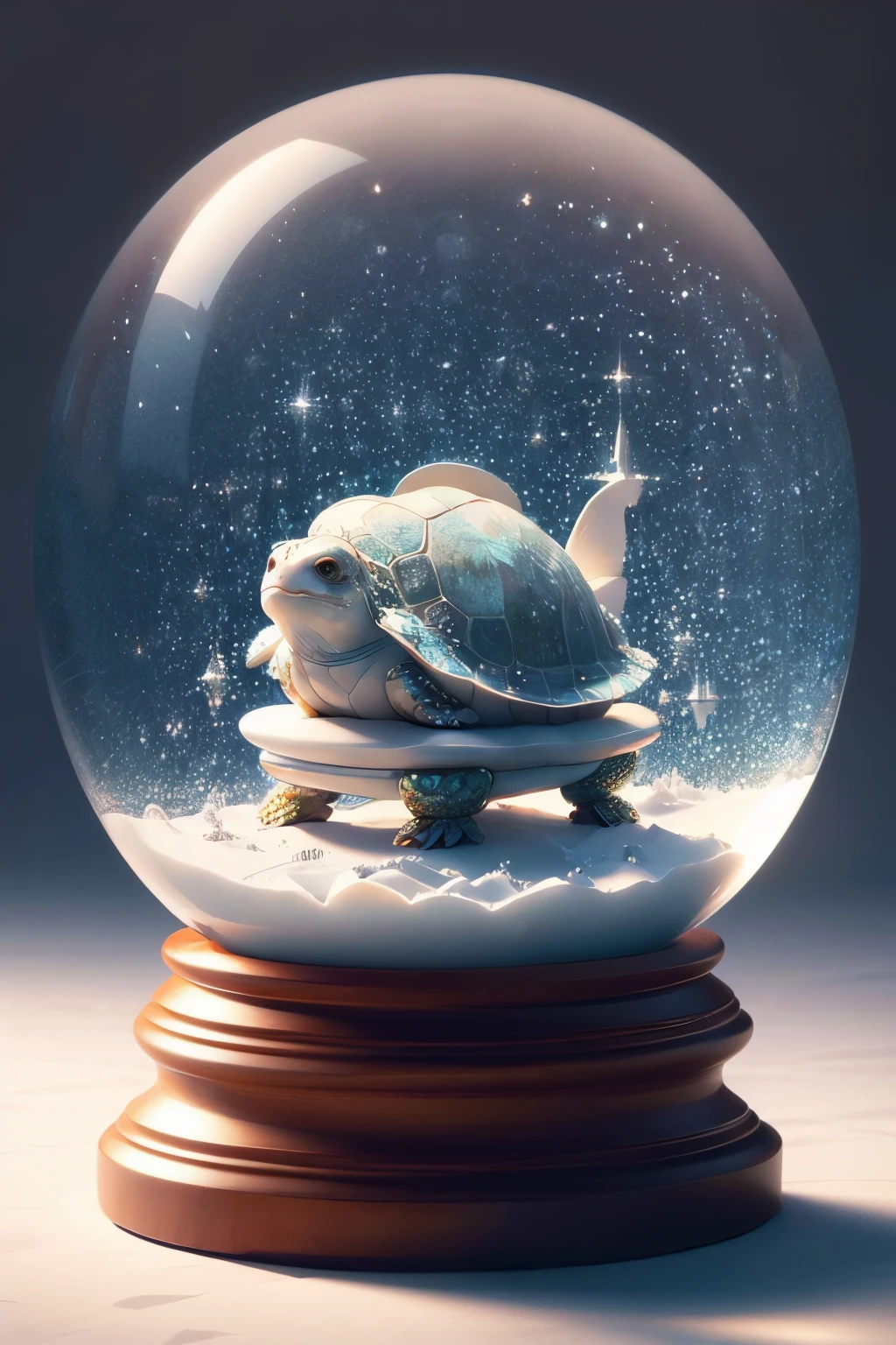 Crystal Ball，(best quality,highres),crystal turtle,exquisitely detailed turtle,crystal sculpture,shimmering,translucent shell,sparkling gemstone eyes,impeccable craftsmanship,(realistic,photo-realistic) rendering,reflections and refractions,subtle color gradients,crystal-clear clarity,vivid colors,sculpted texture,miniature masterpiece,meticulously carved limbs,delicate features,unique and captivating artwork,pristine glass-like appearance,mesmerizing beauty,turtle in a mesmerizing pose,lustrous surface,ethereal glow,perfectly balanced proportions,glinting light and shadows,dazzling presence,sculpture ready to come to life.