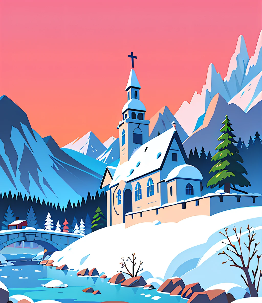 Snowy mountain landscape with church and bridge, best adobe stock, illustratio!, church painting, Inspired by Slava Lashkaj, Stylized digital illustration, Digital illustration style, gouache matte painting, author：Armin Baumgarten, Inspired by Matthias Storm, winter painting, Simple and clean illustration, author：Carl Gerstner, Inspired by Adolf Holzel