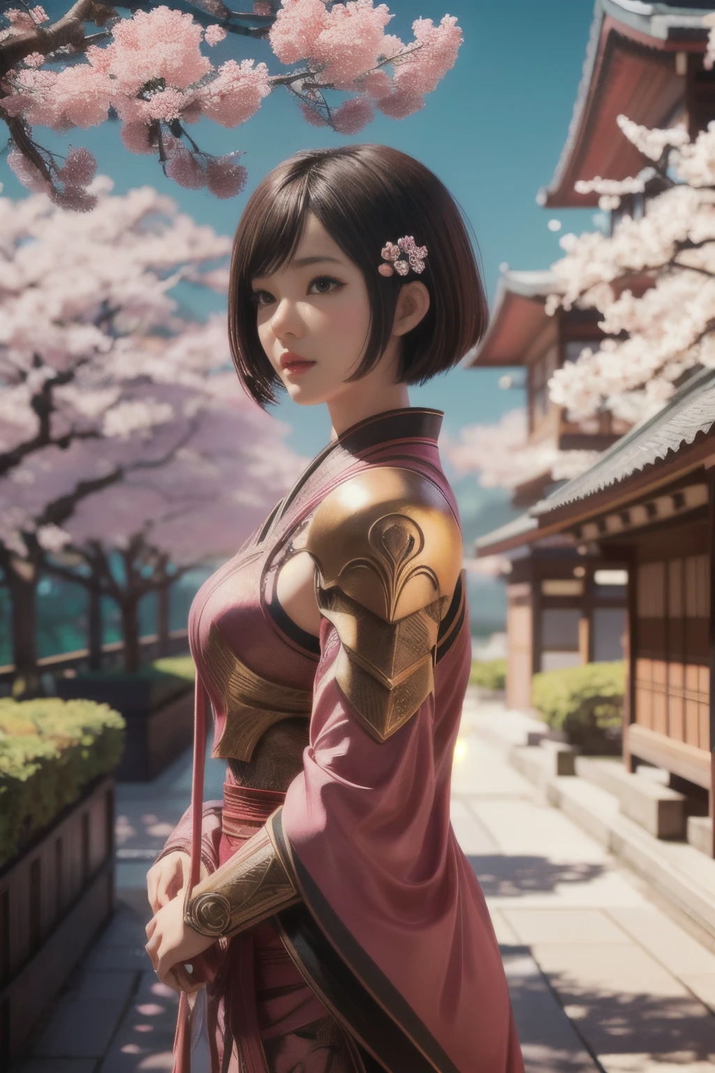 beautiful japanese young woman, wearing cyborg armor, thick symmetrical features, very short hair, background is cherry blossoms, pink aura, red lips, octane render,