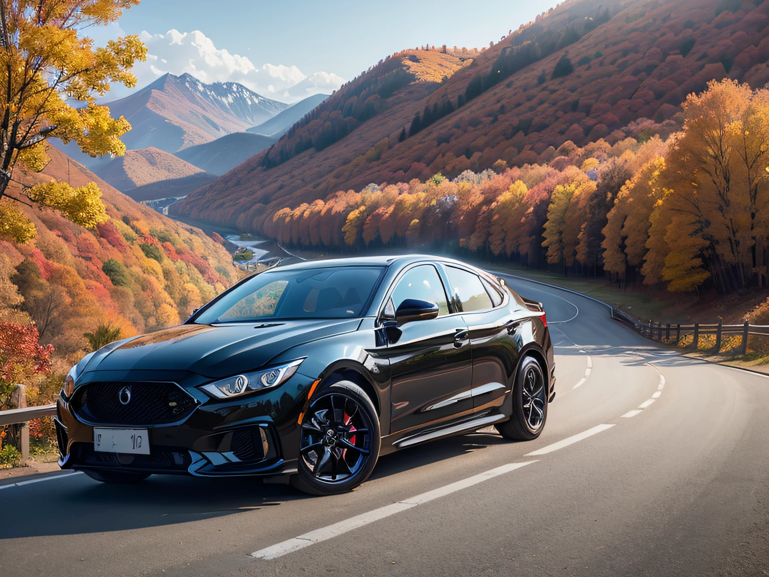 超A high resolution、An ultra-high picture quality、8K、Detailed details、marvelous expression、Late autumn valley、Beautiful autumn leaves、A black car runs gracefully on a mountain pass road、((cmyk/Diamante GT Exclusive))