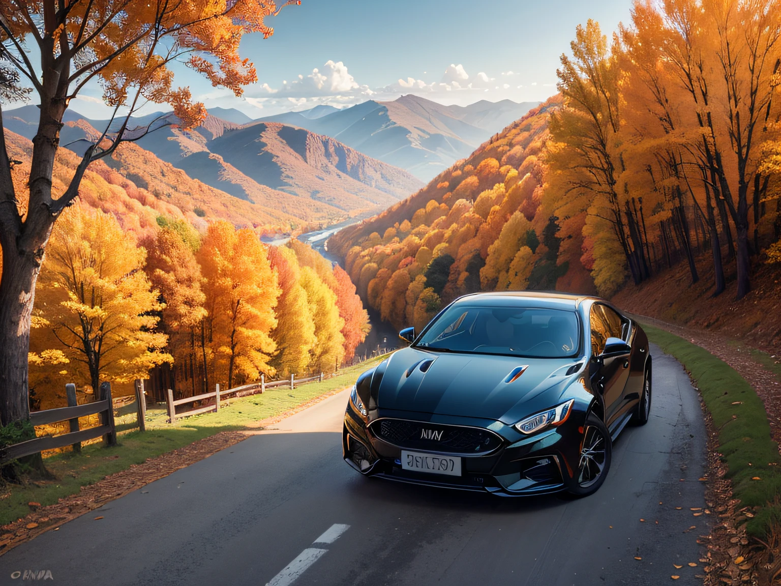 超A high resolution、An ultra-high picture quality、8K、Detailed details、marvelous expression、Late autumn valley、Beautiful autumn leaves、A black car runs gracefully on a mountain pass road、((cmyk/Diamante GT Exclusive))