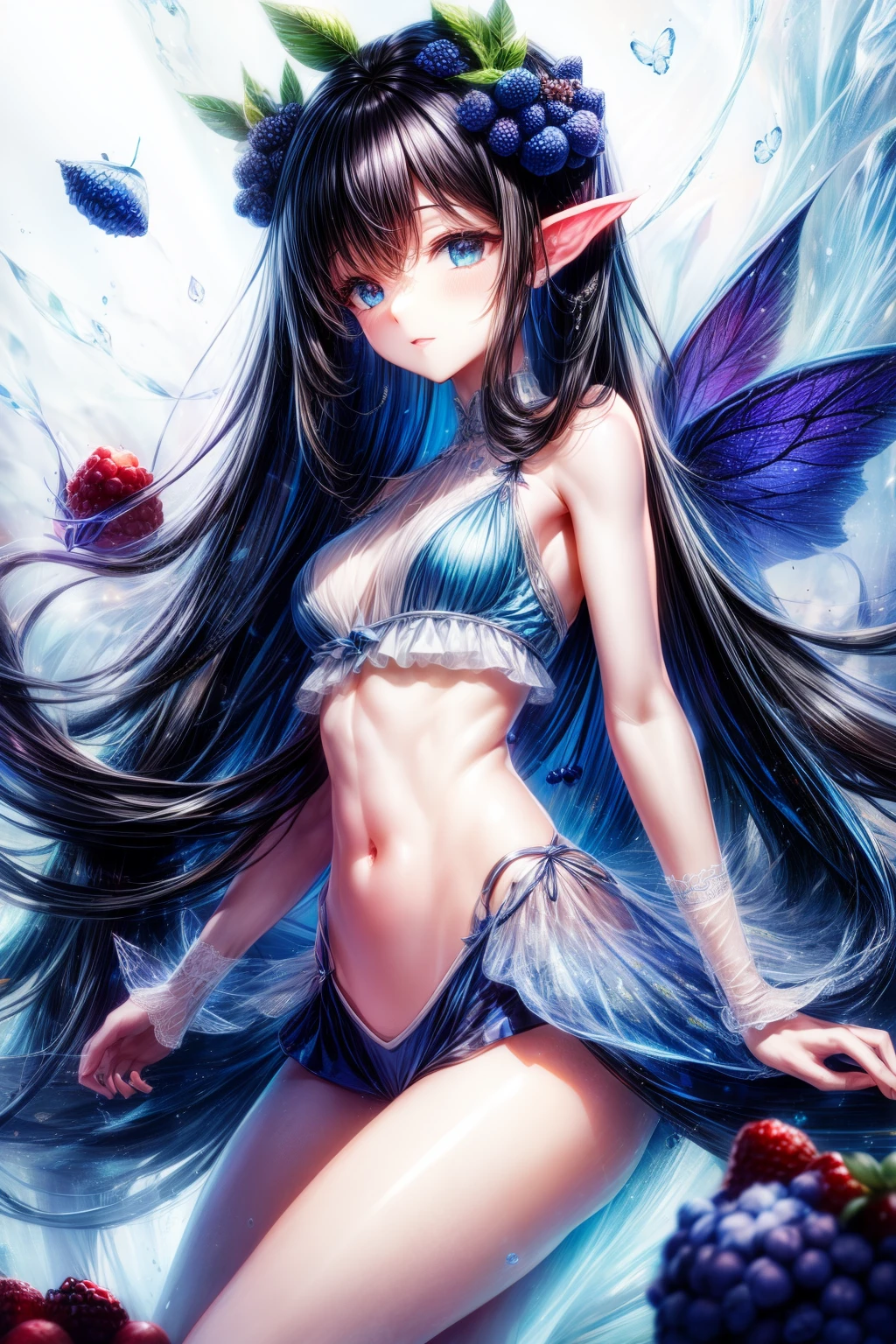 1 fairy, ((blue berry,those fruits)),white backgrounid, black hair color hair,