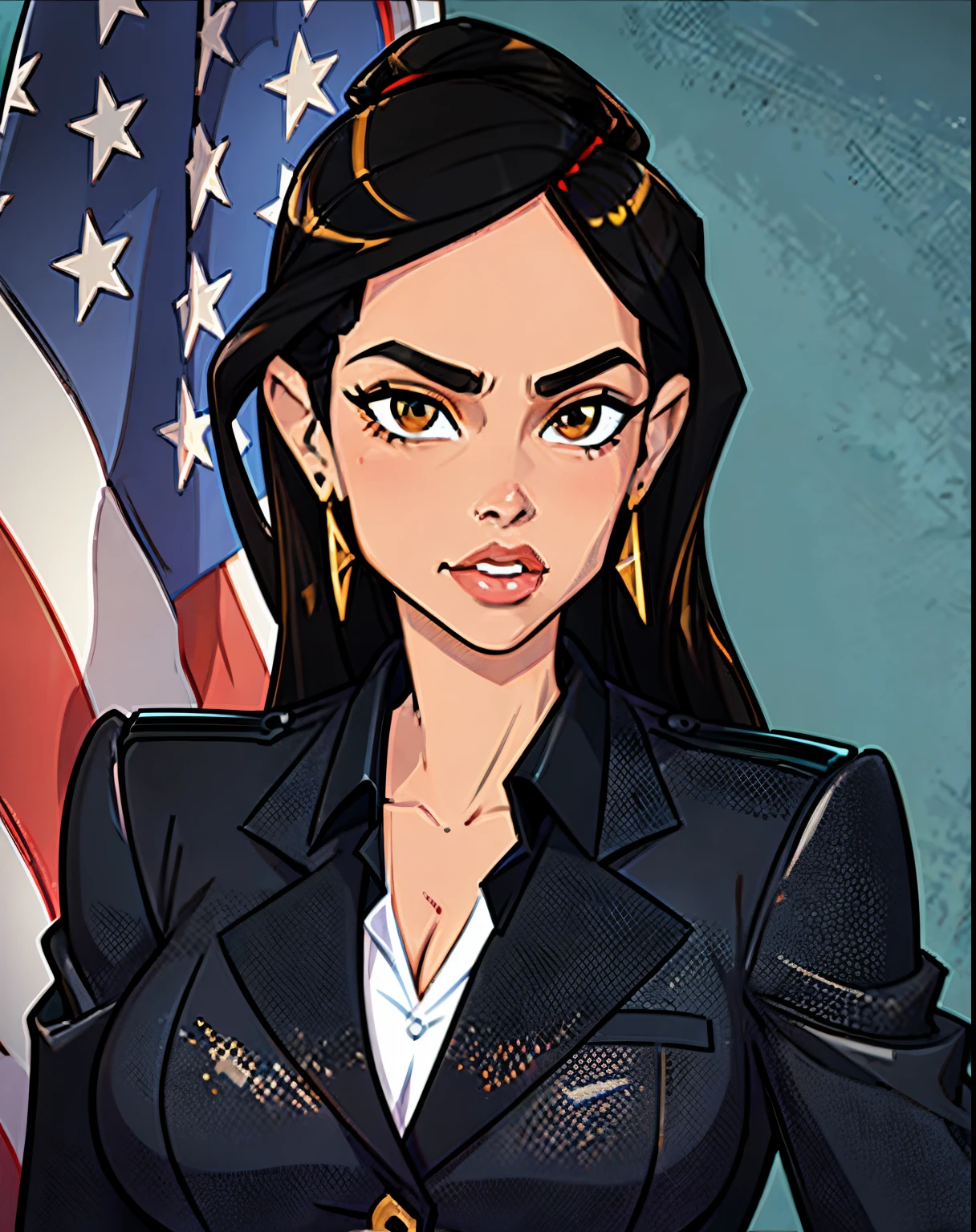 Alexandria Ocasio-Cortez, portrait photo, american flag background, sfw, (masterpiece), cel shaded, thick outlines, glossy shine, solo, tan olive skin, brown eyes, black hair, earings, business outfit (blue blazer, black shirt)