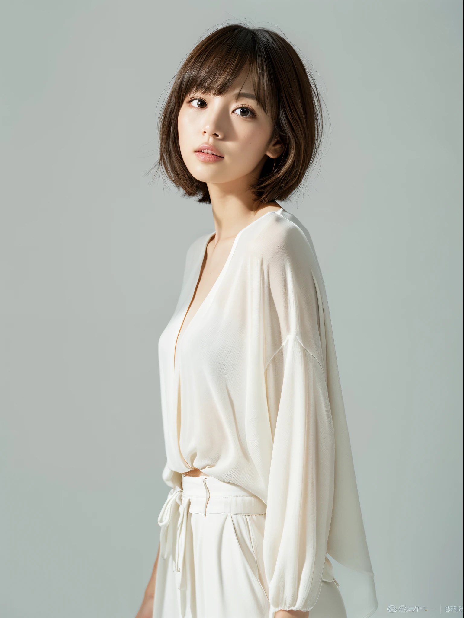 ((masterpiece,top-quality)), (photographrealistic:1.4),((masutepiece,8K)),hight resolution,Studio Soft Light, Rim Lights, vibrant detail, realistic skin textures,Japanese, 1 beautiful woman, short Hair, wave hair, faint thin bangs, make - up, 38 years old, Detailed skin, long-sleeve tunic blouse, wide-leg pants, Standing, White background, White Room,white walls, fully body photo, looking at viewer