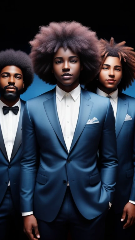 A photo of a group of dark skinned black men in light blue suits posing for a picture, huge afros, groomed, clean cut, hyperdetailedfaces, ultra realistic, cinematic lightong, new age album cover, alternate album cover, an album cover, album cover, ƒ/5.6, album artwork, soft lighting album cover, ƒ/5.0, new album cover, music album cover, you felt the edge again, ƒ/3.5