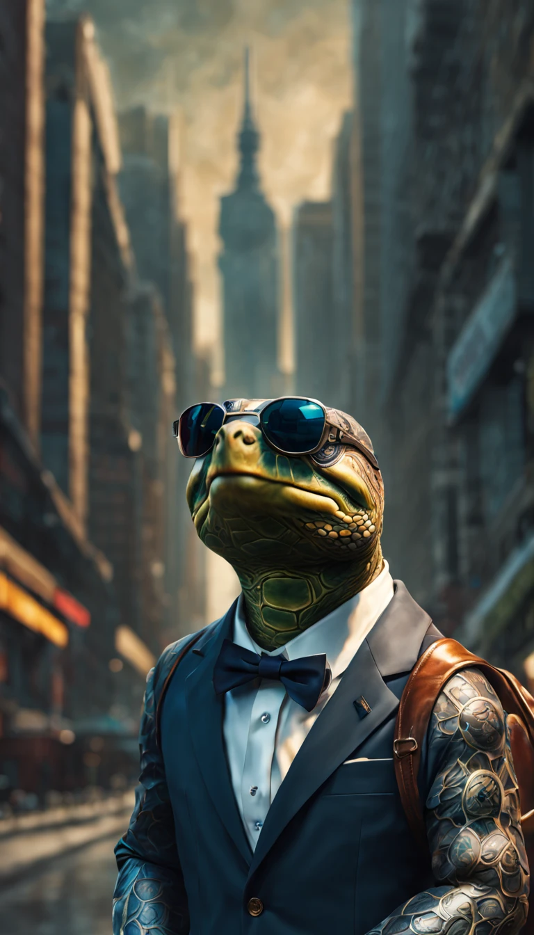 (a cool anthropomorphic turtle:1.1,italian gangster in a sharp business suit),(best quality,4k,8k,highres,masterpiece:1.2),ultra-detailed,(realistic,photorealistic,photo-realistic:1.37),oil painting,crisp details,rich textures,detailed background,vibrant colors,expressive eyes,enigmatic smile,confident posture,cool sunglasses,expensive-looking watch,deep shadows,subtle lighting,hints of gold and silver,naturalistic landscapes,long shadows,stylish fedora,celestial blue and emerald green color palette,meticulous brushstrokes,impeccable tailoring,brooding atmosphere,mysterious patterns on the turtle's shell,high contrast,impressive attention to detail,subtle reflections,tribal tattoo on the arm,the turtle is holding a violin made of shell,urban cityscape with towering buildings,atmospheric perspective,city lights illuminating the surroundings,attractive composition,strong sense of depth,feathery strokes for foliage,texture of the turtle's skin is visible,strategically placed highlights,energetic brushwork,intricate patterns on the suit buttons,imposing presence of the turtle,hand gestures conveying authority and power,impressive background architecture,reflections on the sunglasses,portraying a blend of confidence and mystery.