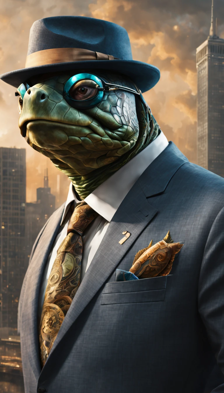 (a cool anthropomorphic turtle:1.1,italian gangster in a sharp business suit),(best quality,4k,8k,highres,masterpiece:1.2),ultra-detailed,(realistic,photorealistic,photo-realistic:1.37),oil painting,crisp details,rich textures,detailed background,vibrant colors,expressive eyes,enigmatic smile,confident posture,cool sunglasses,expensive-looking watch,deep shadows,subtle lighting,hints of gold and silver,naturalistic landscapes,long shadows,stylish fedora,celestial blue and emerald green color palette,meticulous brushstrokes,impeccable tailoring,brooding atmosphere,mysterious patterns on the turtle's shell,high contrast,impressive attention to detail,subtle reflections,tribal tattoo on the arm,the turtle is holding a violin made of shell,urban cityscape with towering buildings,atmospheric perspective,city lights illuminating the surroundings,attractive composition,strong sense of depth,feathery strokes for foliage,texture of the turtle's skin is visible,strategically placed highlights,energetic brushwork,intricate patterns on the suit buttons,imposing presence of the turtle,hand gestures conveying authority and power,impressive background architecture,reflections on the sunglasses,portraying a blend of confidence and mystery.