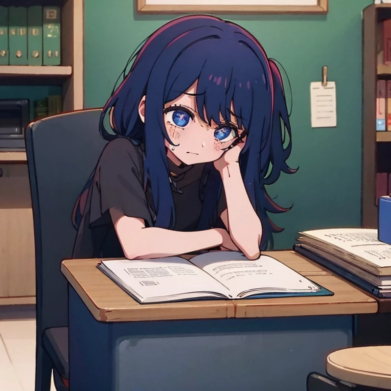 A Black hairy daughter sad and cry on desk