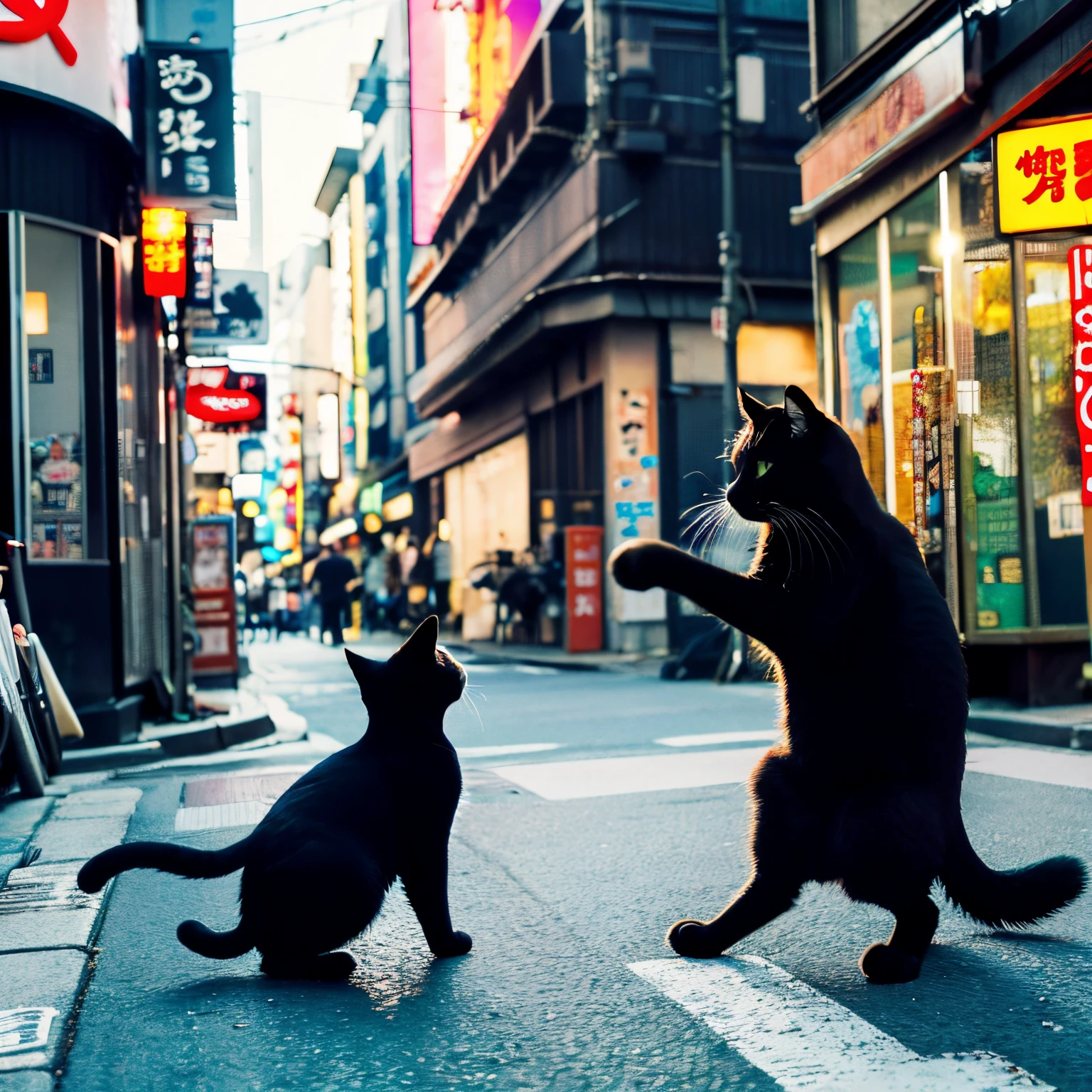 Quality of cat photo book、Morning street in Kabukicho、A black cat is fighting a large black bird crow、cat and crow are fighting