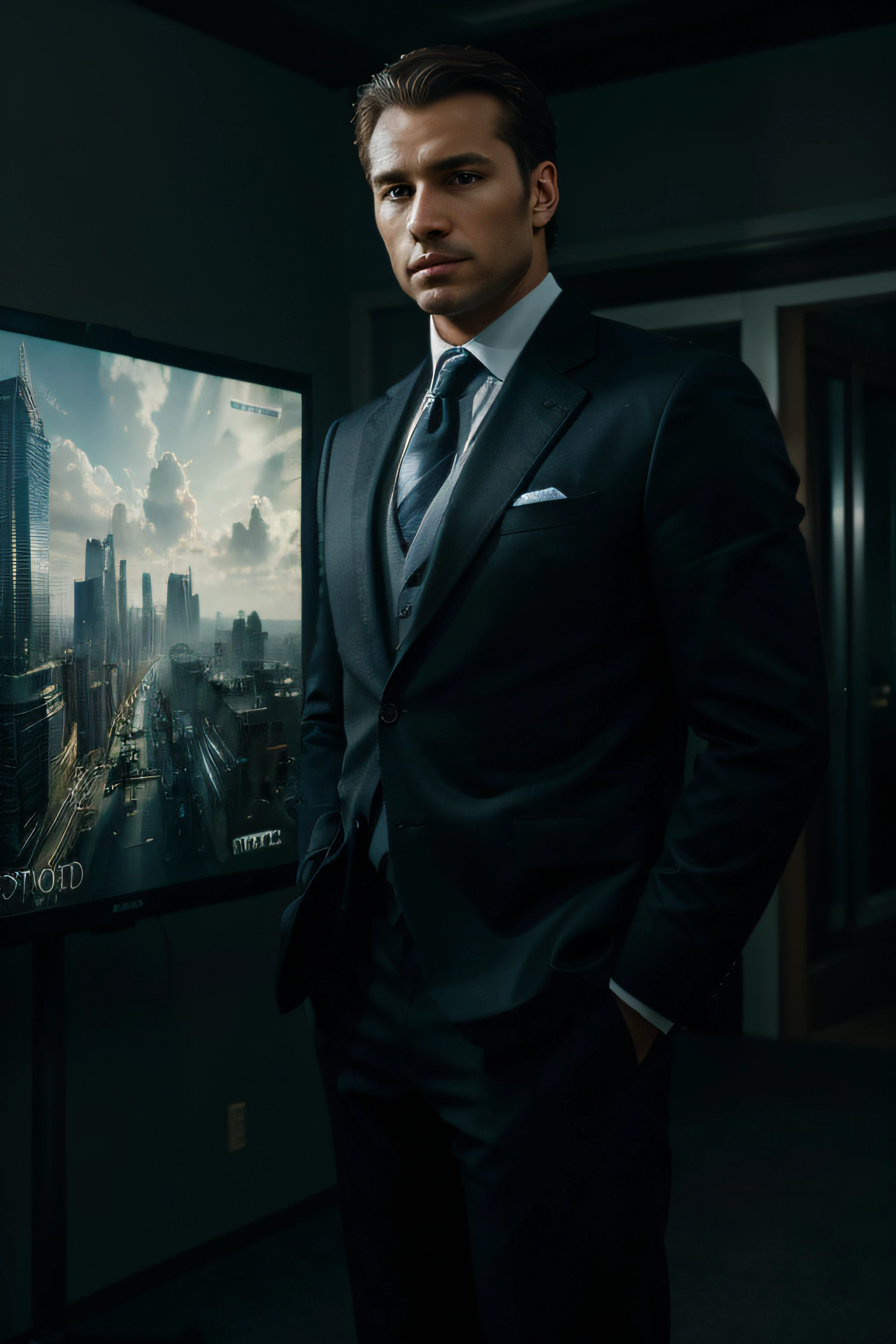 Best quality, masterpiece, super high resolution, a well sophisticated and well dressed man standing near a digital board with a scenic background faced toward camera (realism:1.5), original photo, photo-realistic, photography, realistic, hd in the dark, deep shadows, low-key, cold light