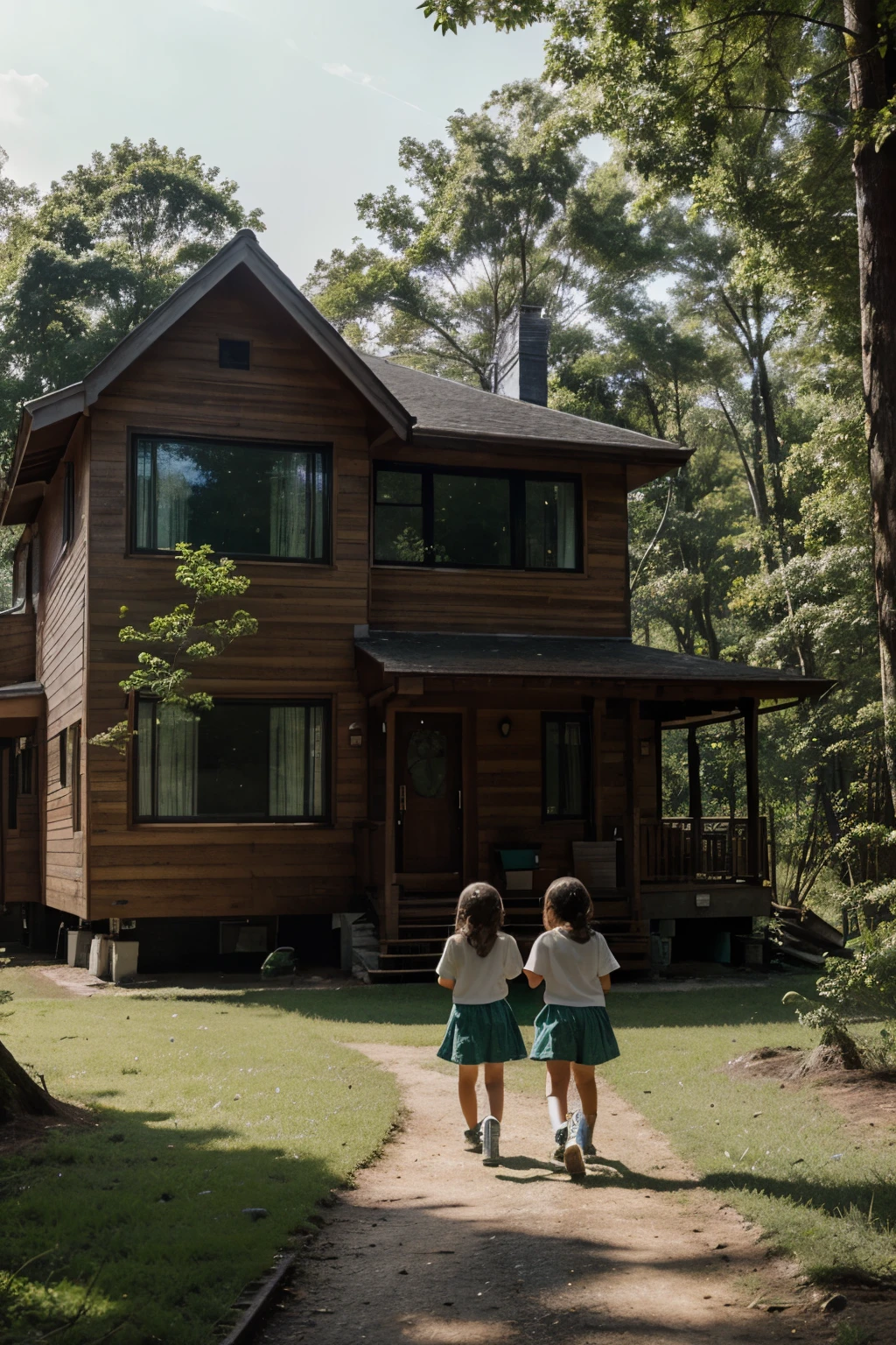 green building，two story house，Surrounded by dense woods，The sun shines in the morning，Two little girls walking